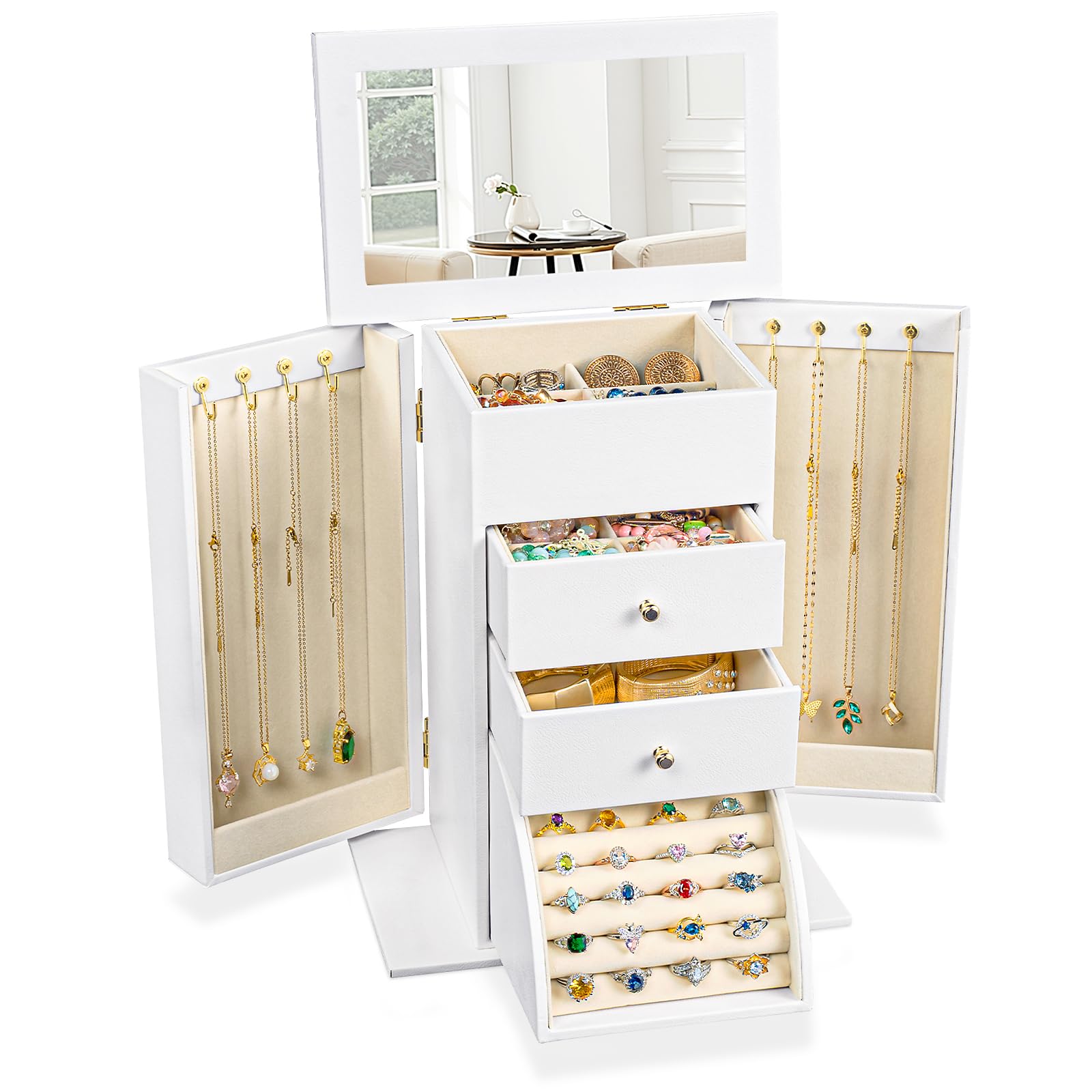 Schmuckkästchen, Schmuckaufbewahrung, Leder Groß Schmuckkasten Organizer mit Spiegel, 4 Ebenen Schmuckbox für Ringe, Ohrringe, Halsketten, Armbänder (Weiß)