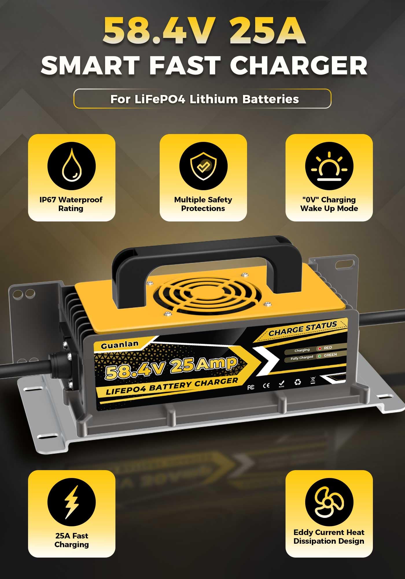 58,4V 25A Cargador de Batería Litio para 48V (51.2V) LiFePO4 Baterías, 48V Cargador de Batería LiFePO4 para Autocaravanas, Barcos, Vehículos Marinos y Sistemas Solar
