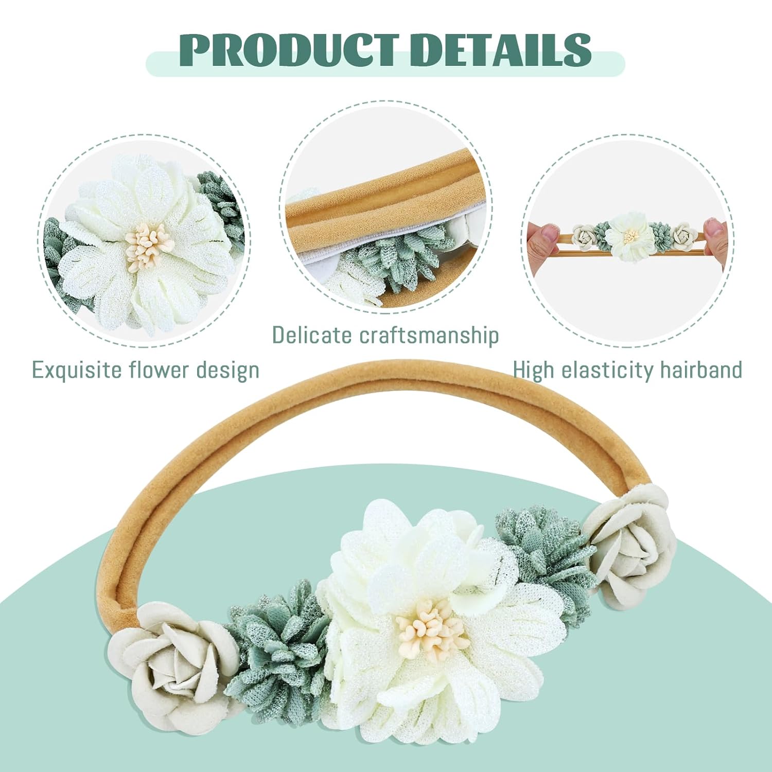 6 Pieces Super Soft Stretchy Green Khaki White Baby Girl Nylon Bow Flower Headbands Floral Lace Headbands Hair Accessories for Newborns Infants Toddlers Girls Kids - Image 3