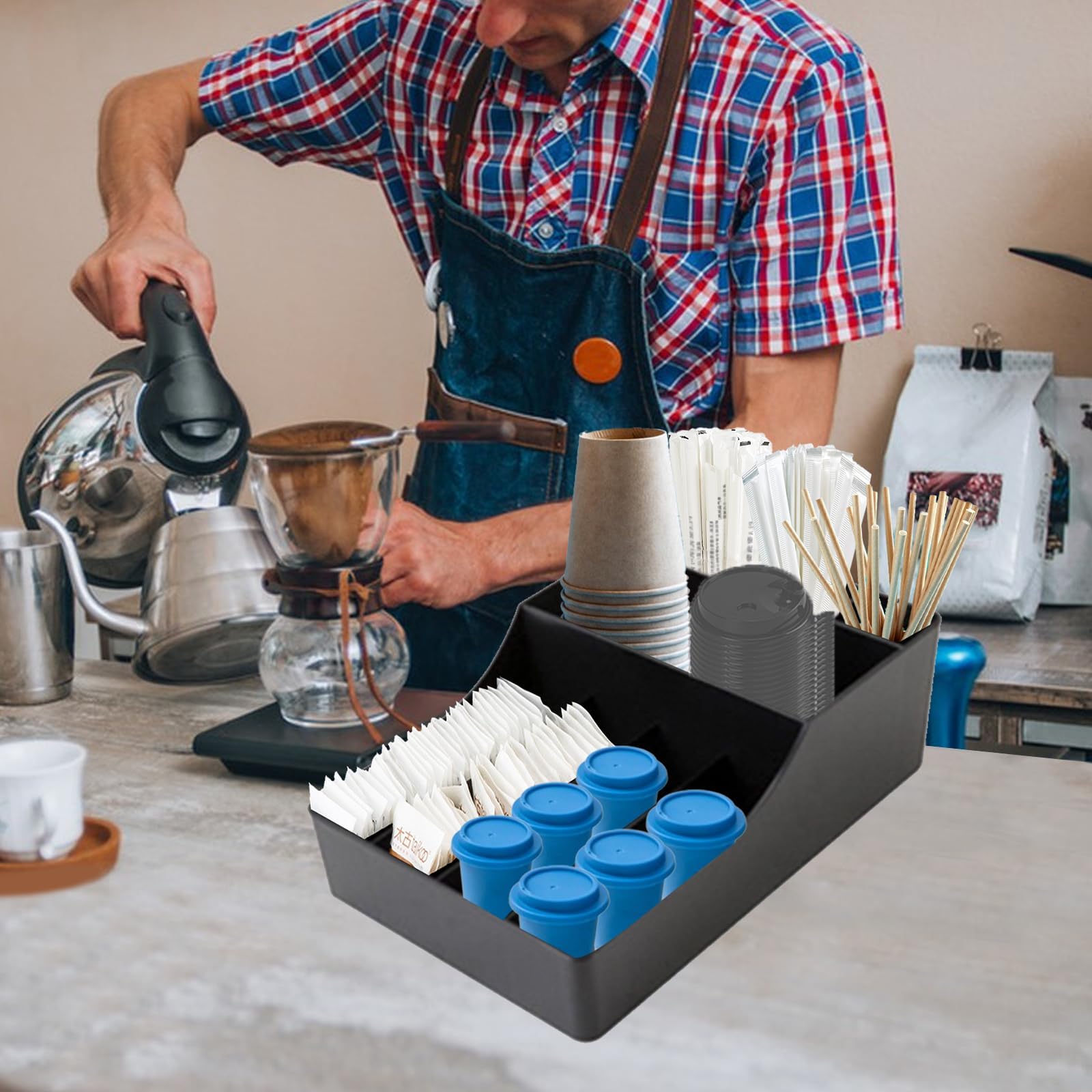 GAESHOW Organizzatore Professionale per Caffetteria, Coffee Station Porta Caffè Professionale, Cassettiera Multiscomparto 9 Scomparti per Bicchieri Cannucce Tovaglioli Posate Zucchero