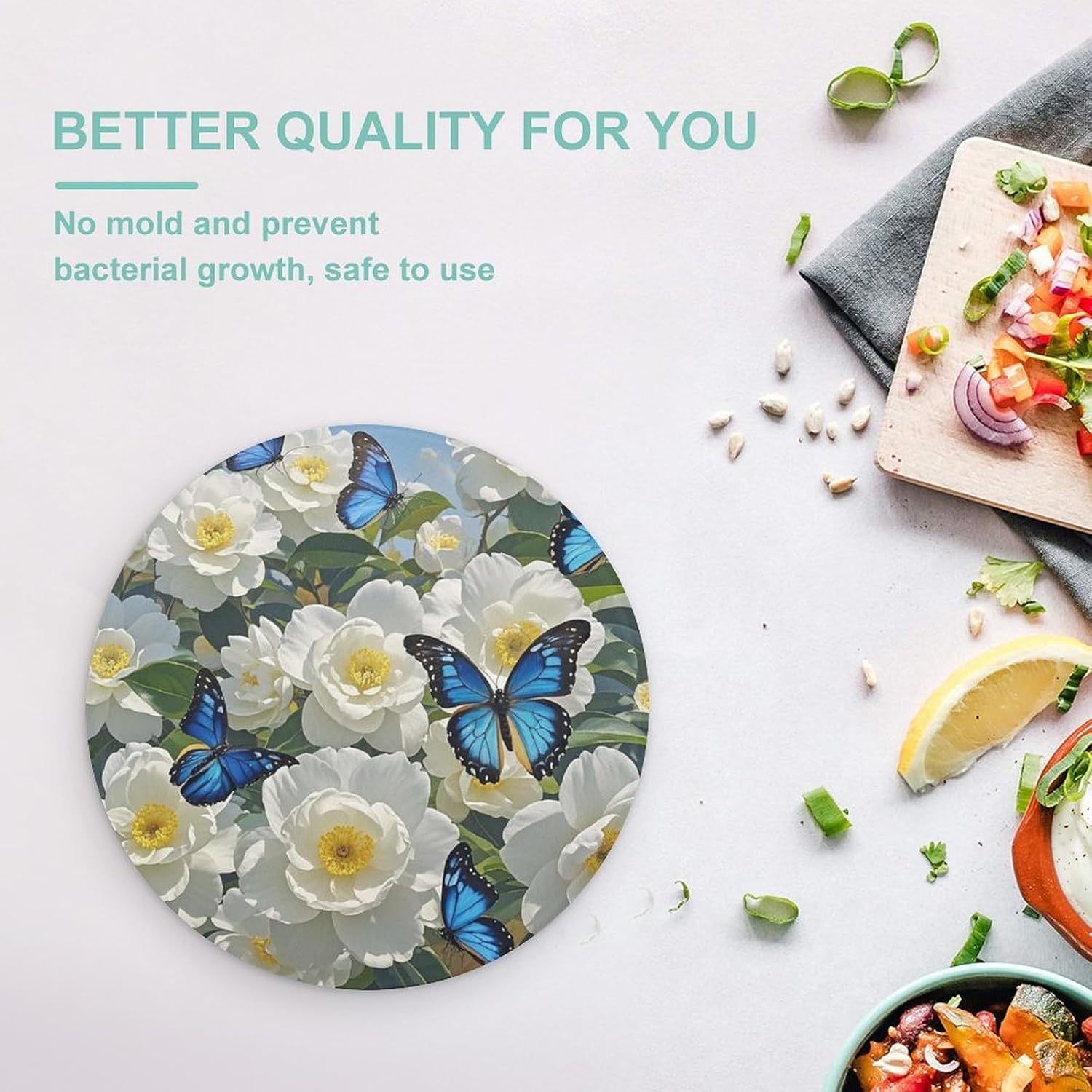 Blue Butterfly Tempered Glass Cutting Board for Kitchen Counter Easy to Clean Round 7.9" Non-Slip Butcher Block,Scratch Resistant,Heat Resistant Lightweight Chopping Board