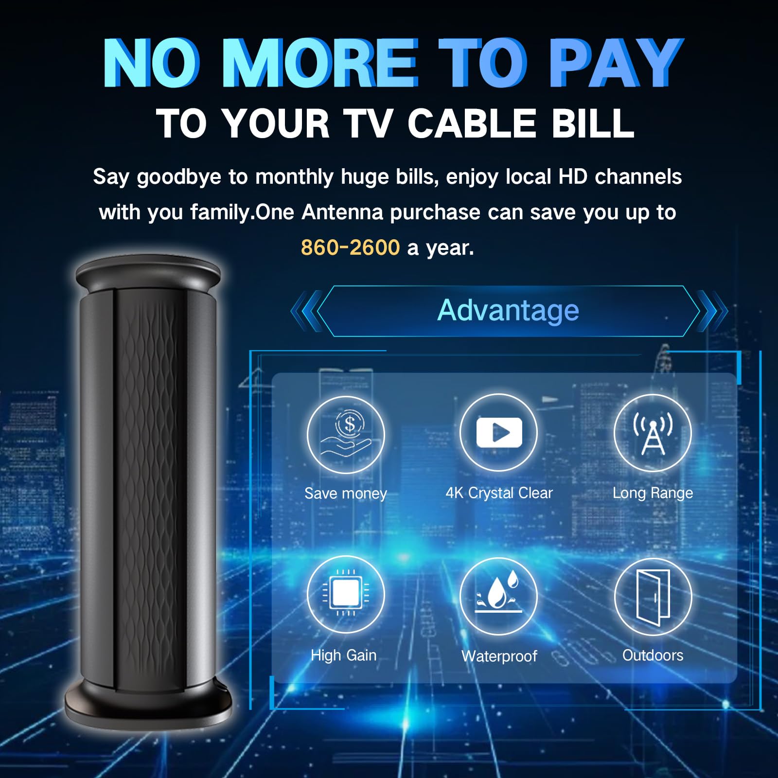 Antenne TV améliorée 2025 jusqu'à 2 800 km, meilleure antenne numérique pour Smart TV intérieur/extérieur 4K, antenne HDTV amplifiée longue portée avec amplificateur de signal/câble Thic (11 m)