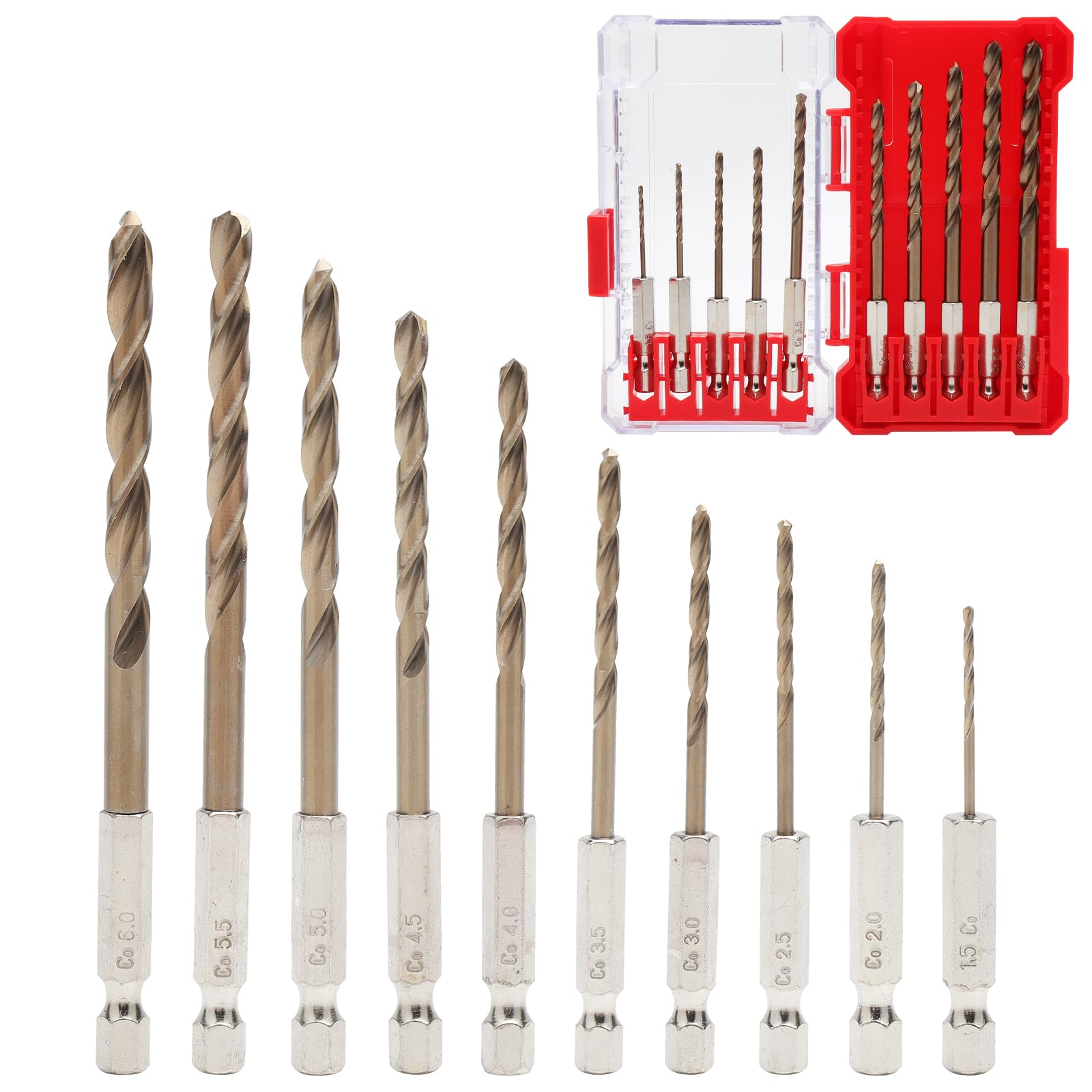 Juego Brocas Metal Cobalto M35 – 10 Brocas HSS Cobalto Ø1,5–6,0mm con Vástago Hexagonal Antideslizante – Brocas Acero Inoxidable, Acero Templado, Cobre – Alta Precisión y Resistencia al Calor