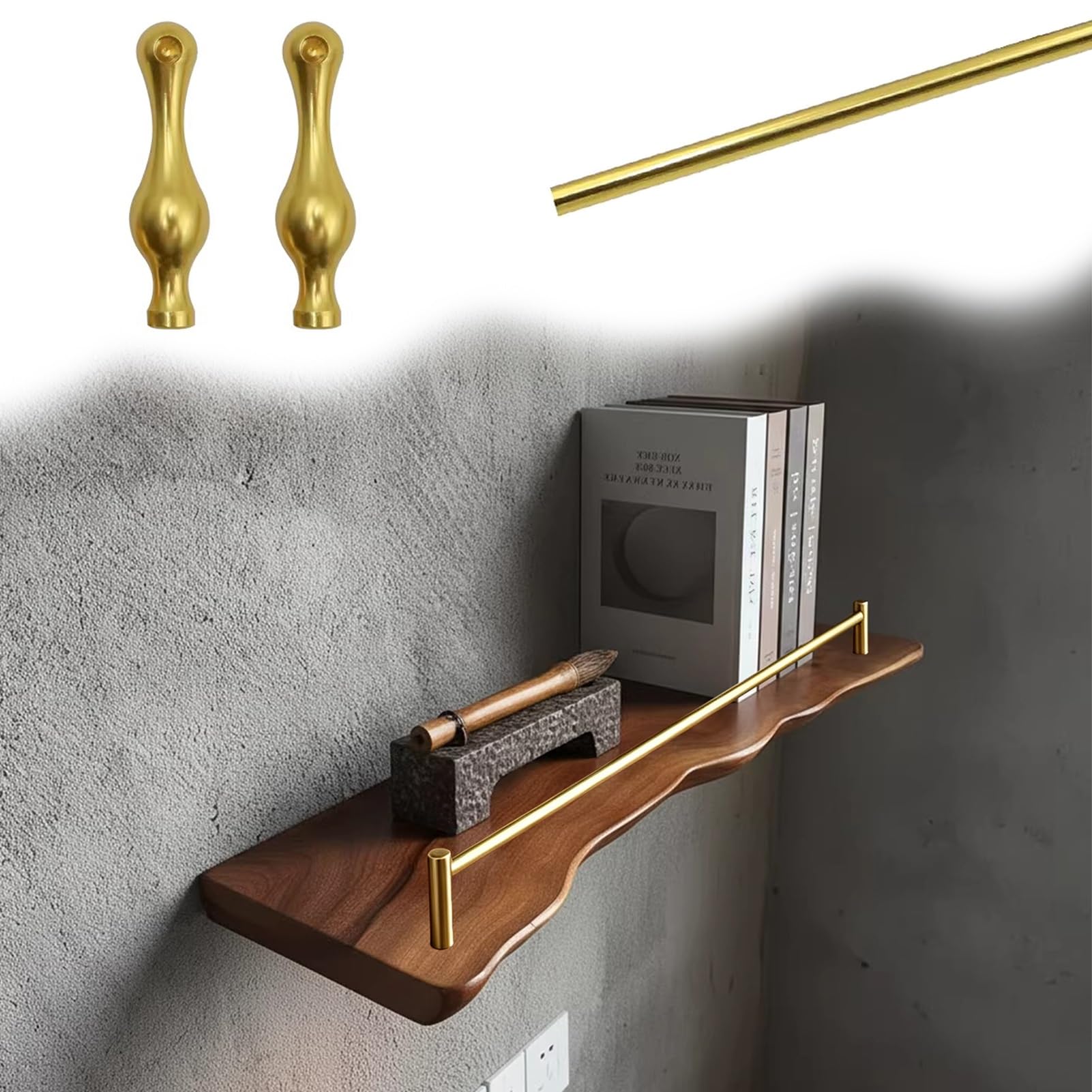 MESCXTY Aluminum Shelf Guard Rail Decorative 8 12 16 18 24 28 32 36 38 in, Tipping Gallery Set for Floating Shelf, Cabinet Guardrail Bar with 2 Spindles(Gold A,38in/97cm)