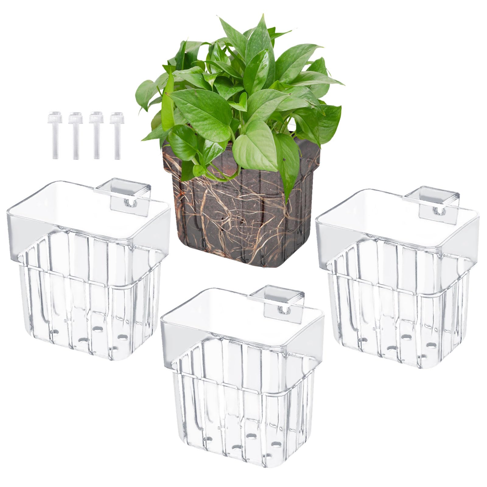 Gosknor 4 Piezas de Soportes para Plantas de Acuario, Macetas de Plástico Transparente con Cesta Colgante para Hidropónicas de Pecera