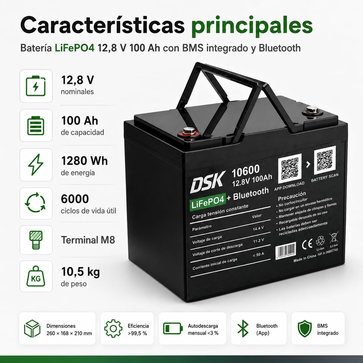 DSK Batería LiFePO4 12V 100Ah con Bluetooth, BMS, pantalla LCD, protección baja temperatura, batería litio 1280 Wh para autocaravana, energía solar, camper, barco, SAI y energía renovable premium