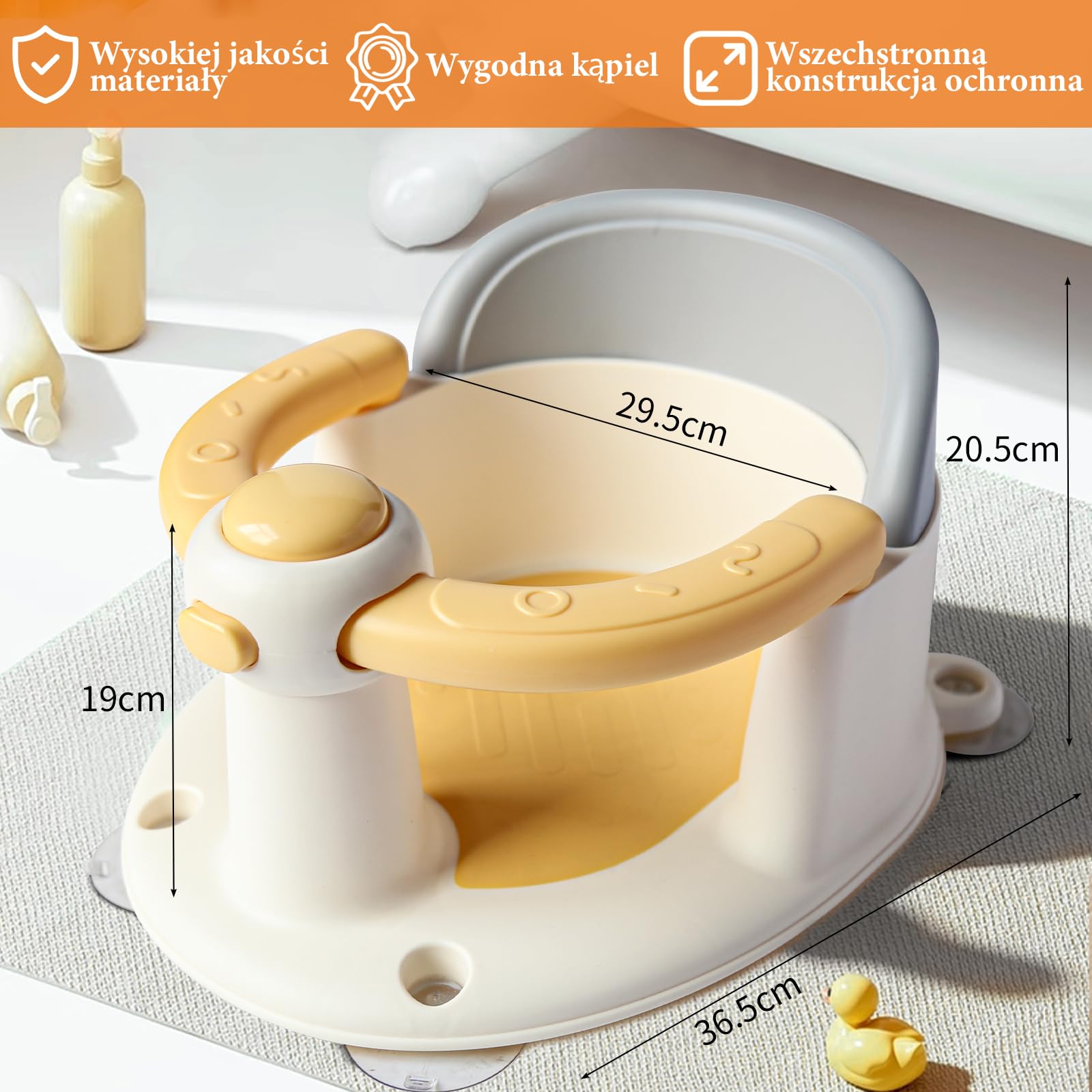 Siedzisko do wanny dla niemowląt od 6 miesięcy, antypoślizgowe siedzisko do wanny dla niemowląt z 4 mocnymi przyssawkami, ergonomiczne siedzisko do wanny lub prysznica (żółte)