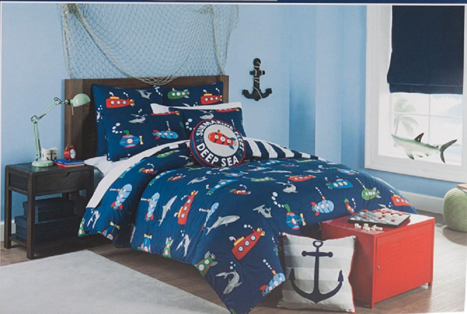 RuggedBear Ocean Deep Sea Shark Submarine 2 Piece Comforter Set, Twin, Blue