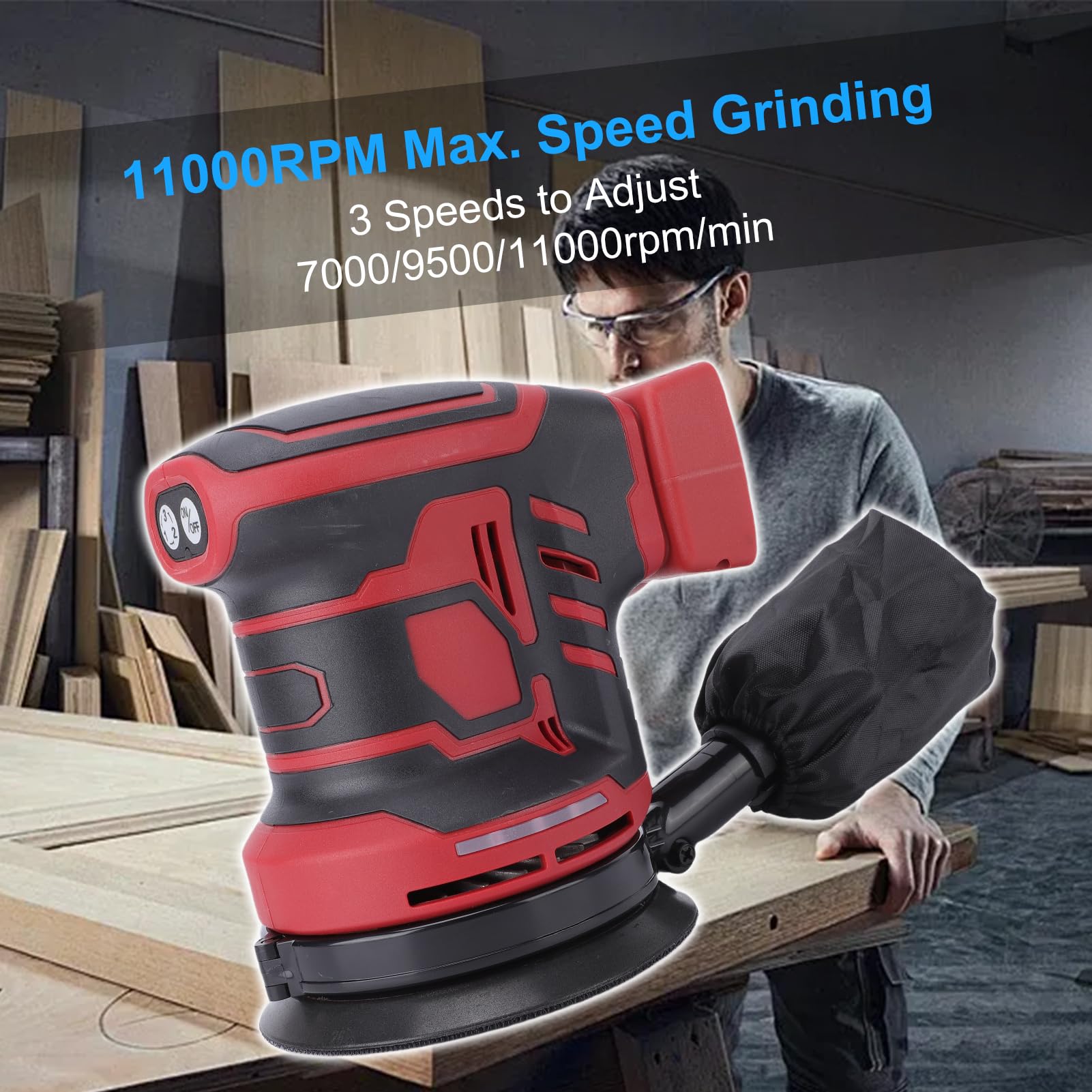 Asixxsix Lijadora orbital aleatoria de 5 pulgadas, lijadora eléctrica de mano de 300 W con 3 velocidades (7000/9500/11000 rpm) y bolsa para recoger el polvo, para pulir coches y muebles.