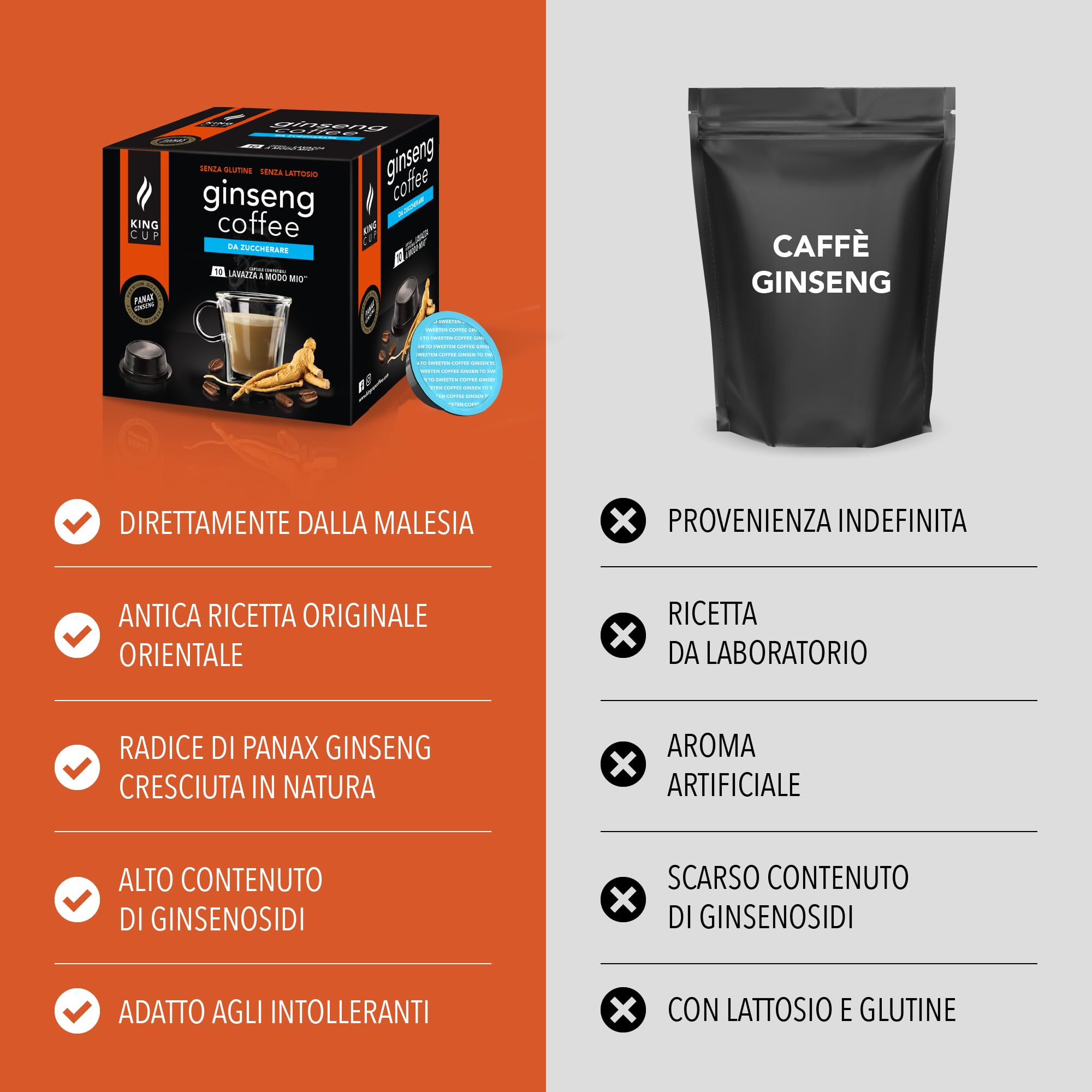 King Cup - 10 Confezioni da 10 Capsule di Ginseng da Zuccherare, 100 Capsule 100% Compatibili con Sistema Lavazza a Modo Mio di Bevanda al Gusto di Ginseng, Senza Glutine e Senza Lattosio