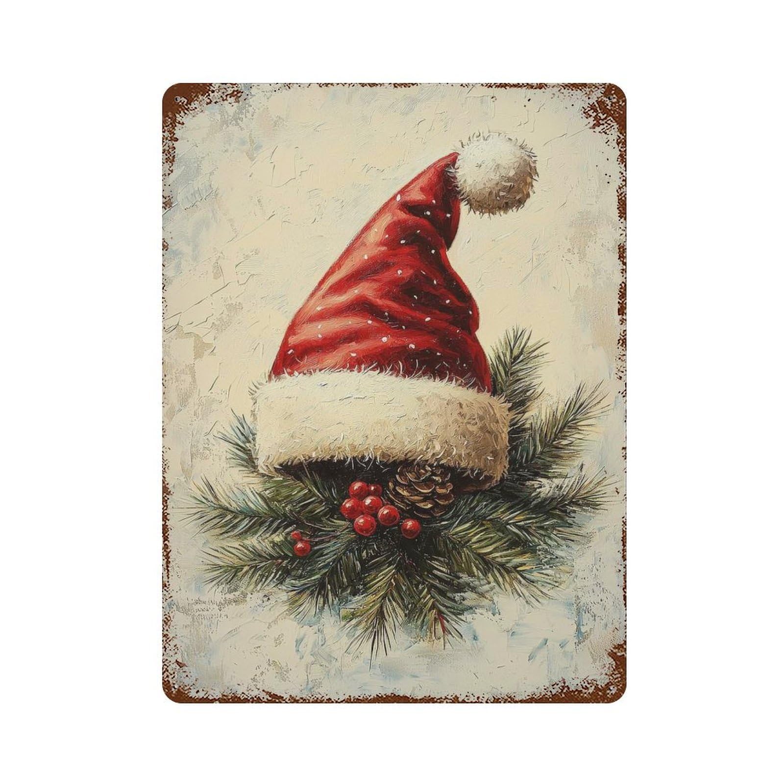 Santa Hat On Pine Branch Vintage Rust Metal Sign 15.7"x11.8", Retro Wall Decor for Garage, Pub Or Kitchen