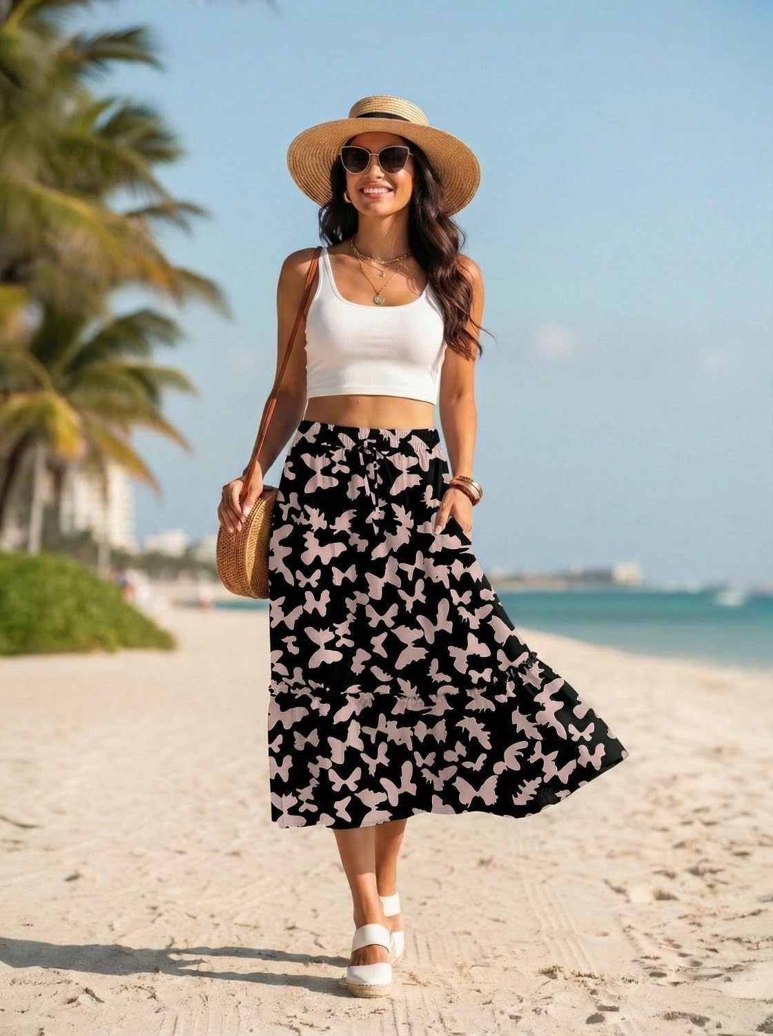 PrinStory Falda de verano larga para mujer, falda de verano de cintura alta, falda midi con bolsillos con cordón, ligera y aireada