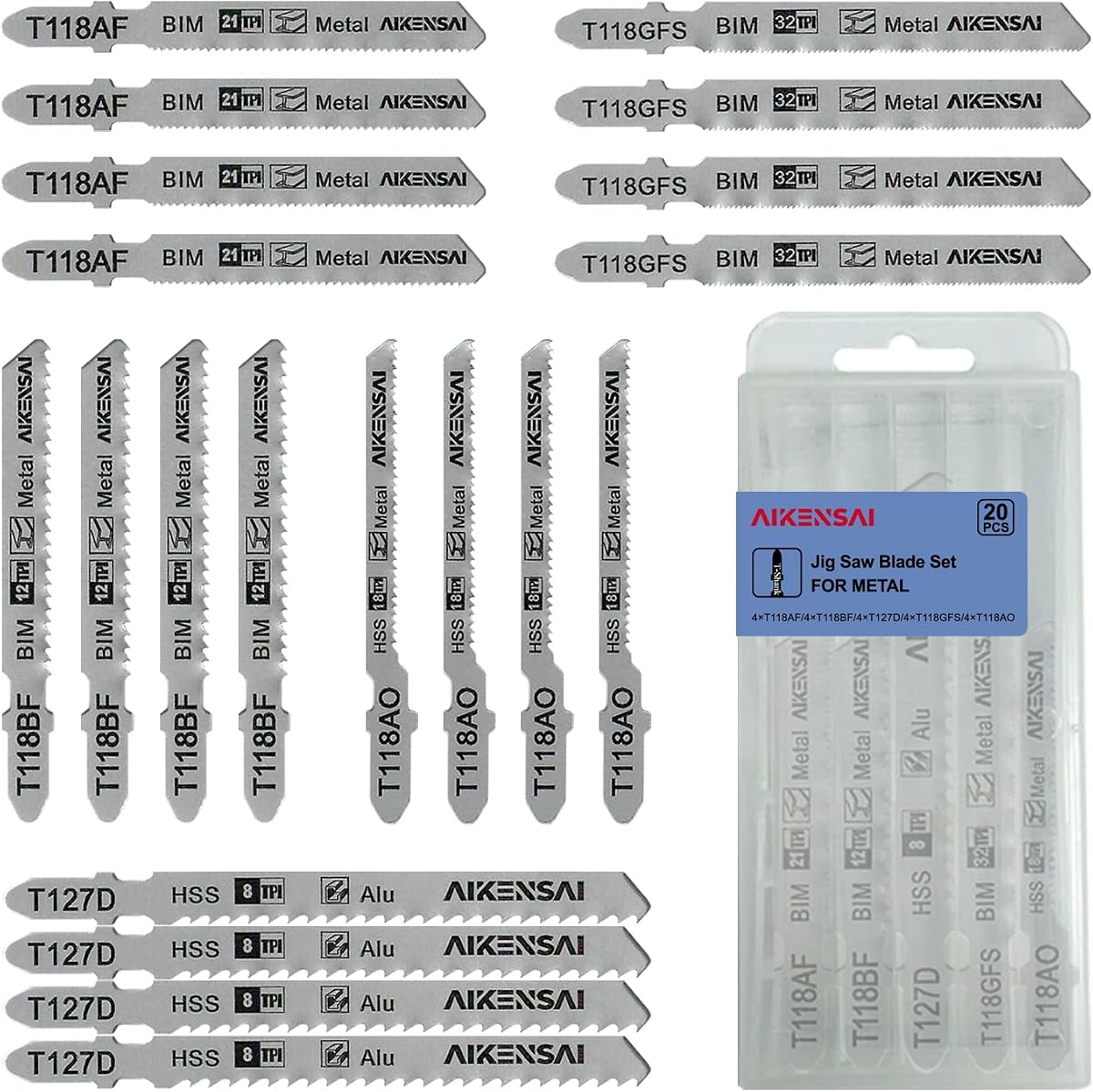20-Piece Jigsaw Blades T Shank for Metal Cutting Jig Saw Blade Set | T118AF T118BF T127D T118GFS T118AO Compatible with T-shank Power Jig Saws