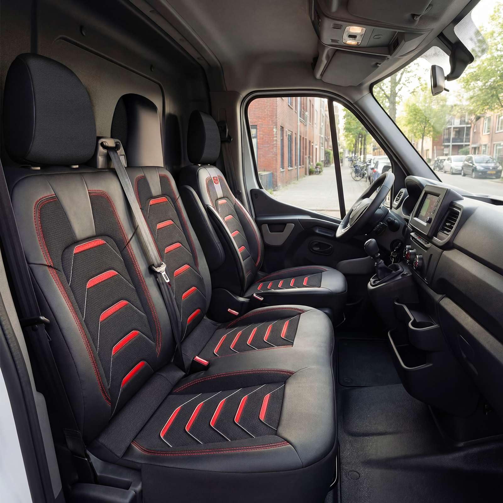 Fundas universales para asientos de coche 2+1 para Renault Master (2011-2025), Opel Movano (2022-2024) – Funda de asiento delantero de lino, Negro-Rojo, Juego de asientos delanteros de