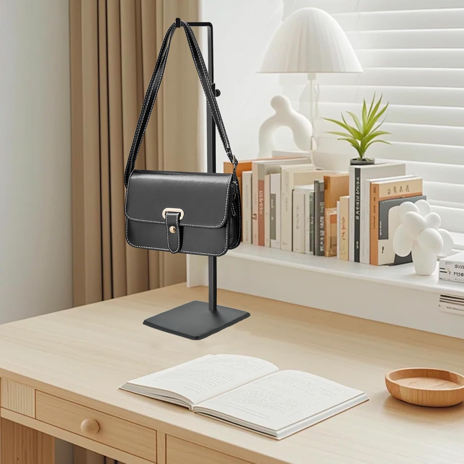 MrMrKura 2 Pack Purse Display Stand, Adjustable Height Metal Handbag Stand Holder, Black Tabletop Display Rack for Hanging Bags, Purses, Necklaces (Black) - Image 6