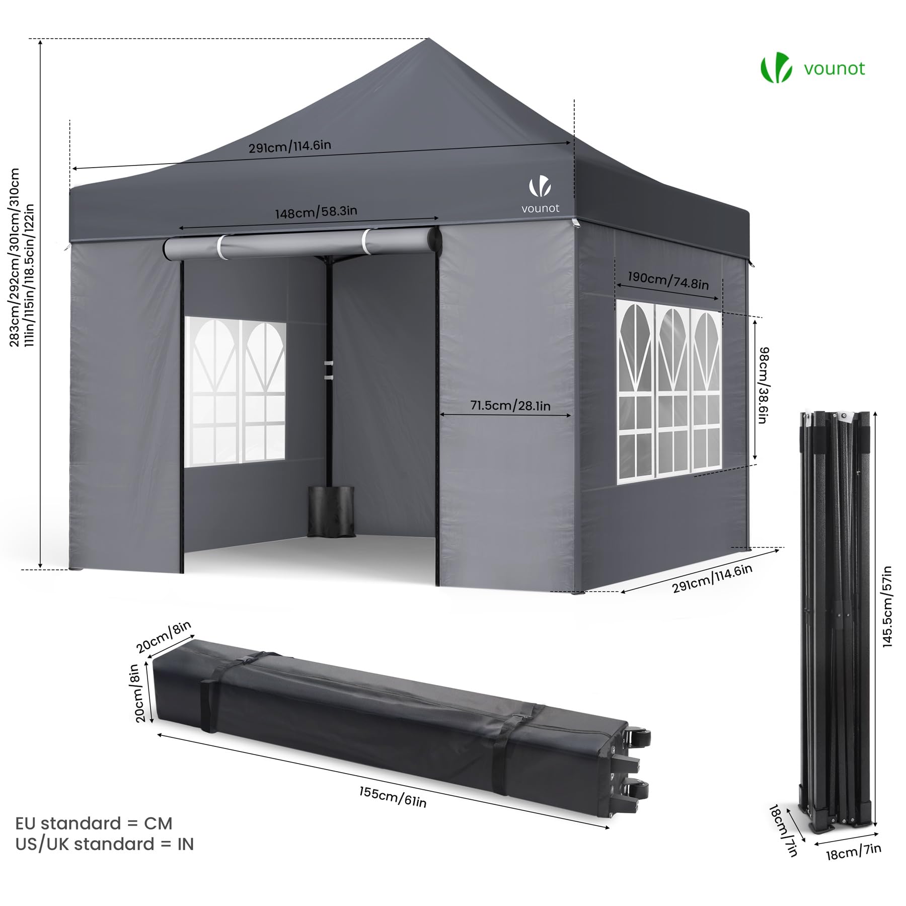 VOUNOT® Pavillon 3x3m Wasserdicht Stabil Winterfest, Pop Up Faltpavillon mit 4 Seitenteilen und 4 Sandsäcke, Party Pavillon Faltbar Gartenzelt Partyzelt, Grau
