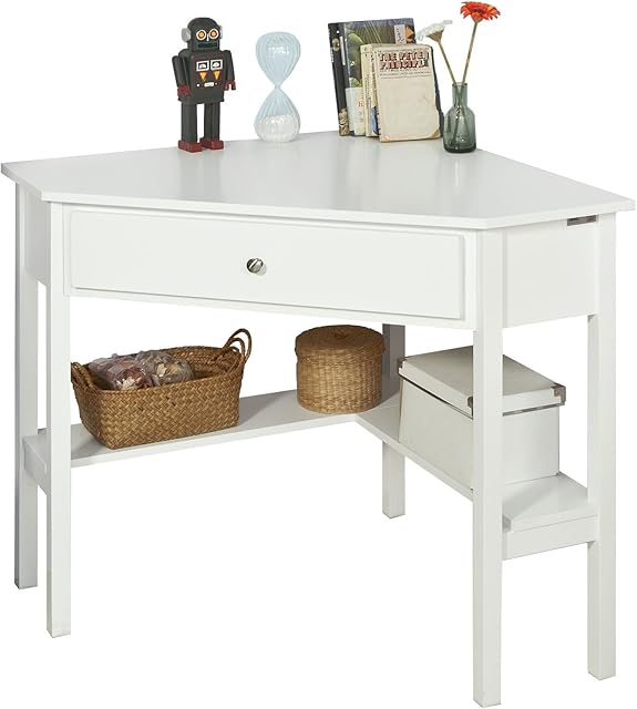 SoBuy FWT31-W, White Corner Desk, Triangle Table Desk with Drawer, Home Office Desk Computer Desk Workstation