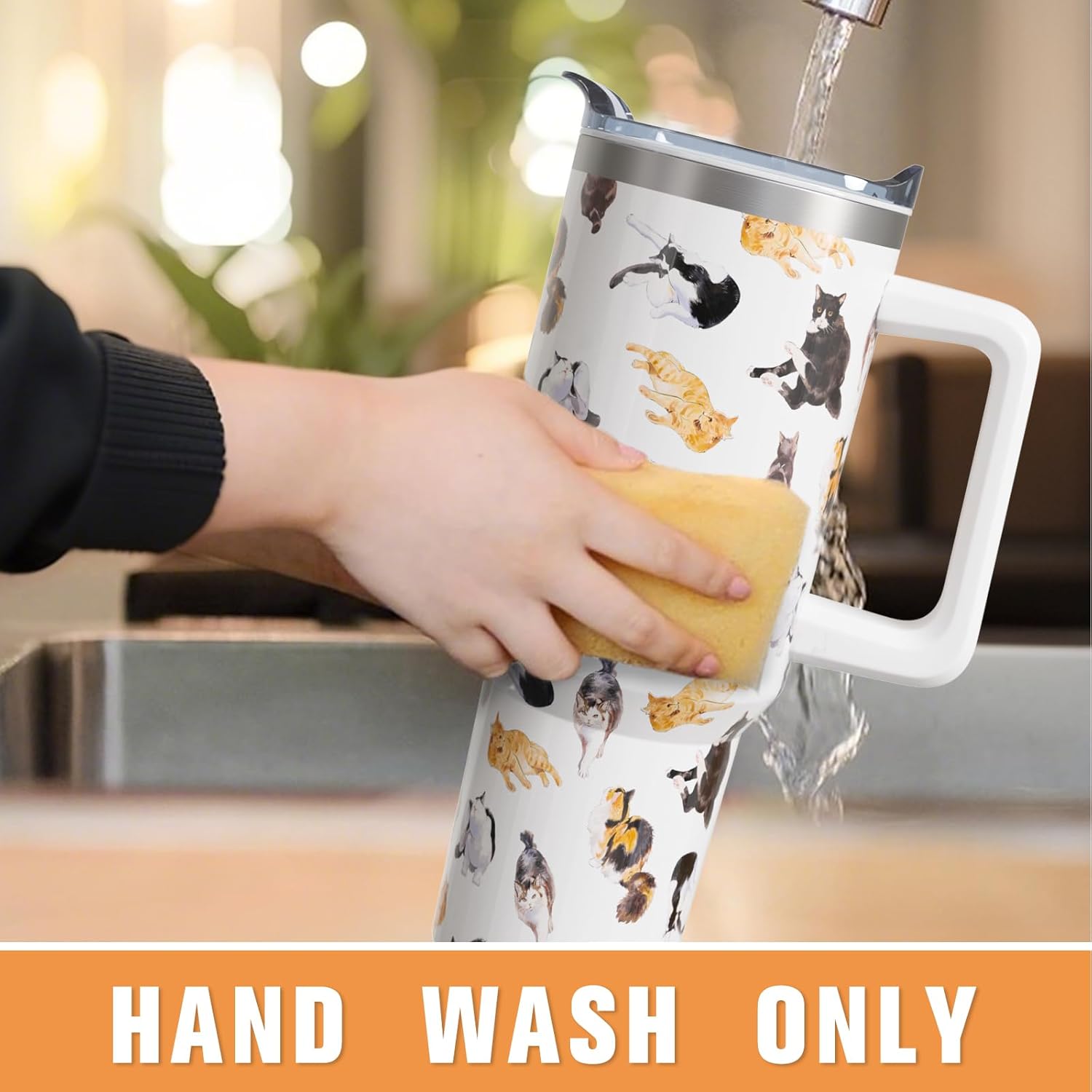 40 oz Cat Tumbler with Handle and Straw, Stainless Steel Vacuum Insulated Travel Coffee Mug Cup Water Bottle, Cats Stuff Accessories Decor, Cat Lover Gifts for Women Girls
