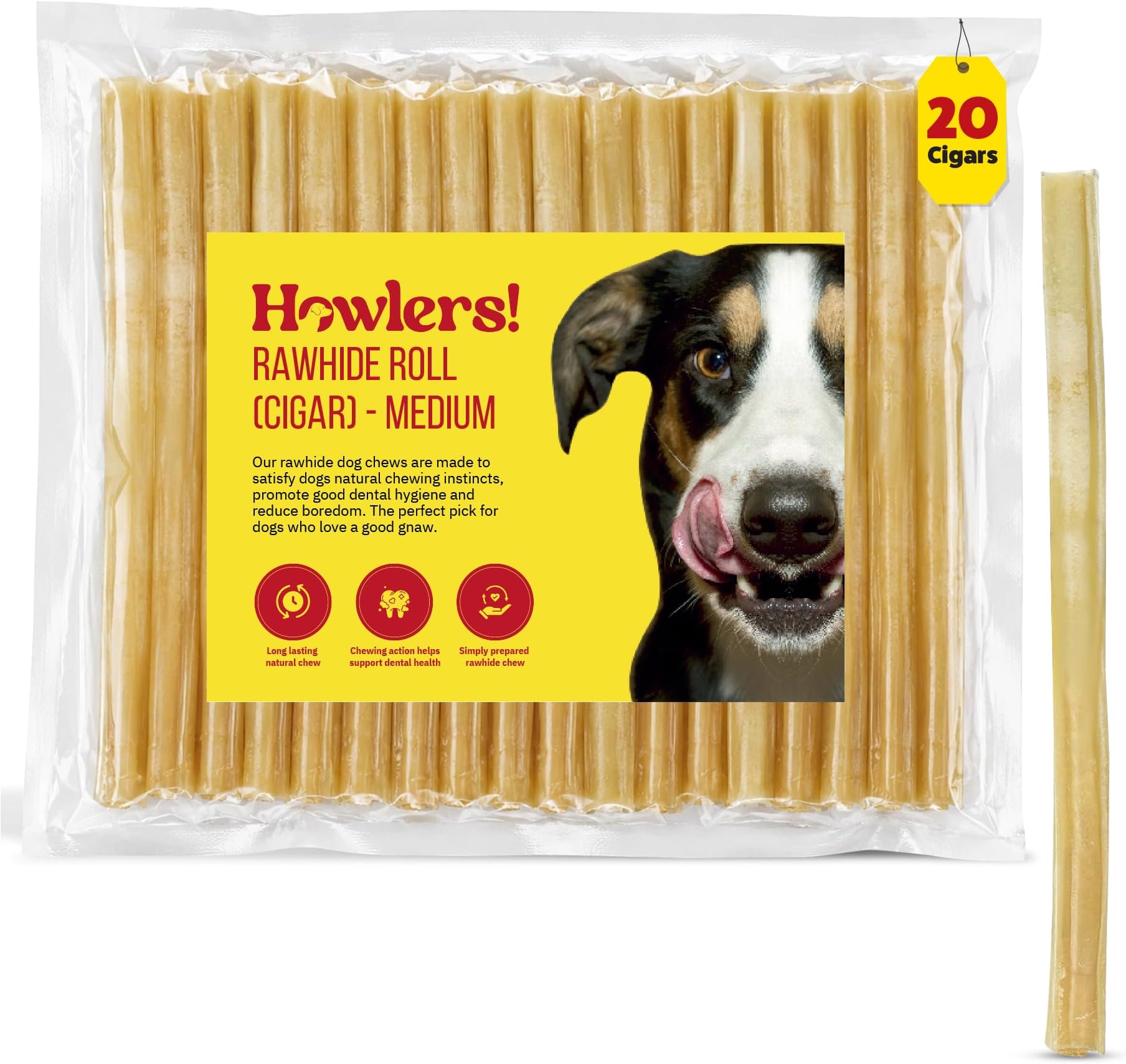 Howlers Natural Rawhide Dog Chew Cigars, 25 cm, Pack of 20 | Long-lasting chew, Helps reduce boredom, Encourages chewing habits, Keeps pets occupied, Ideal for daily enrichment
