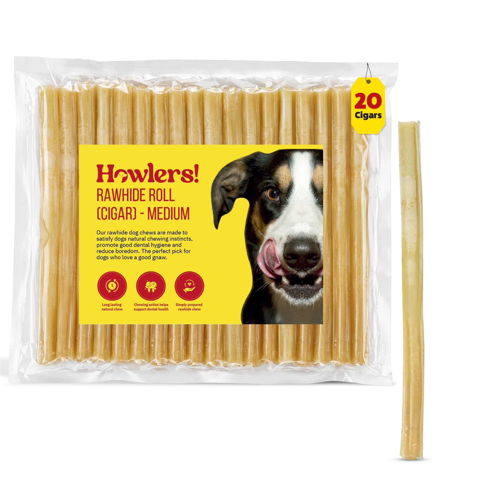HOWLERS Natural Rawhide Rolls Sticks Dog Chews 25cm Extra Long Pack 20