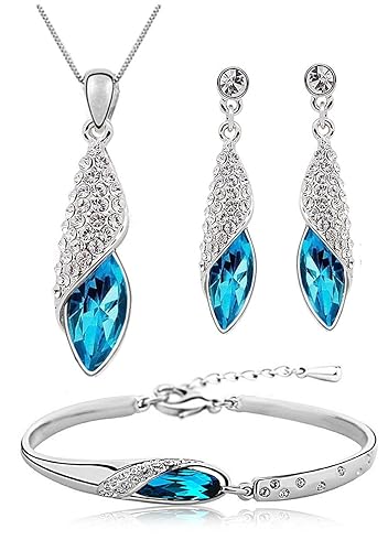 Shining Diva Fashion Blue Crystal Pendant Necklace Jewellery Set with Earrings and Bracelet for Girls and Women