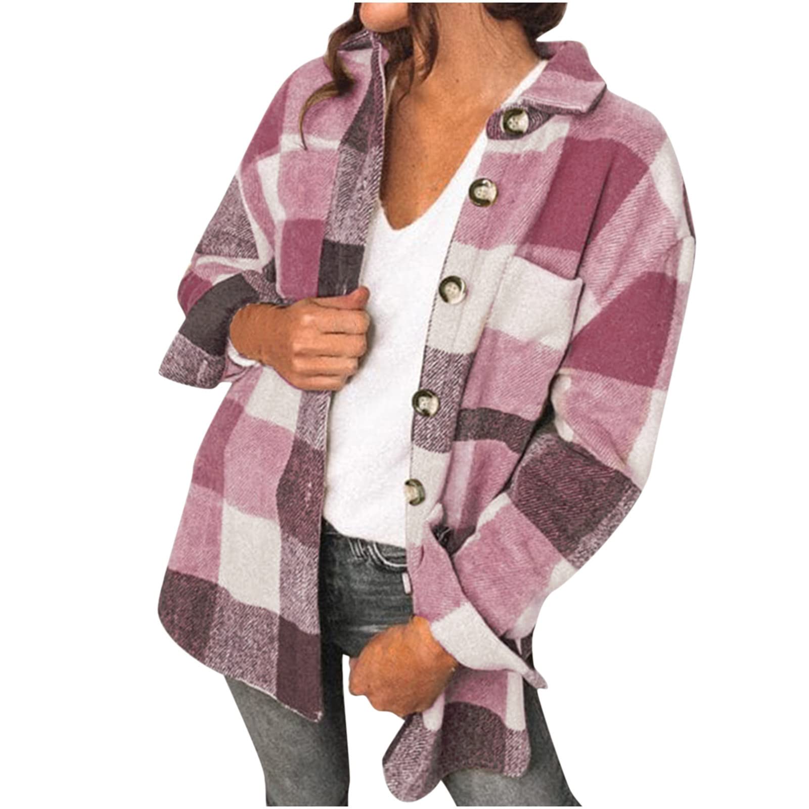 lcepcySoft Comfy Flannel Plaid Shacket for Women, Casual Button down Long Sleeve Jacket, Fall Shirts Clothes with Pockets