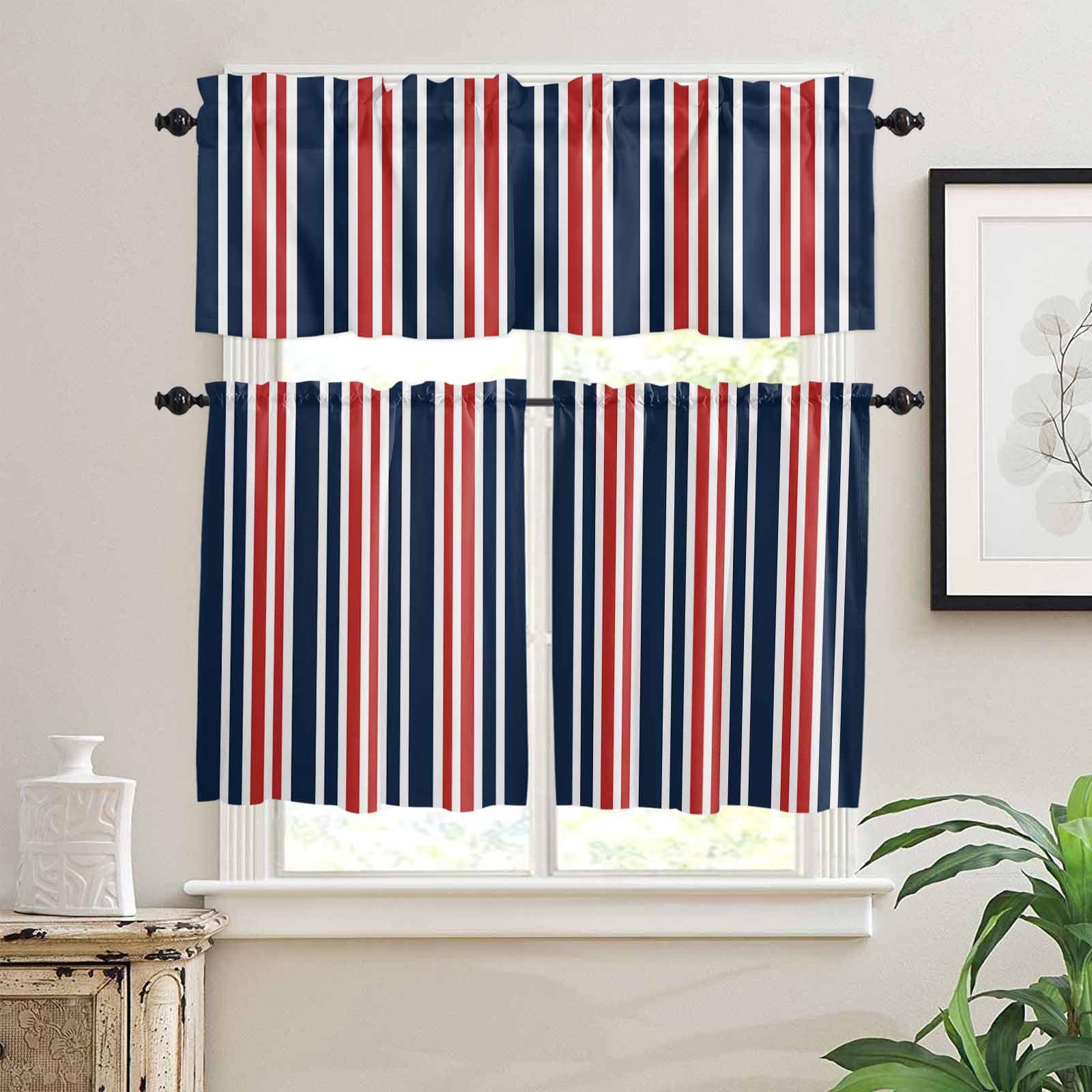 Navy Blue Red Striped Kitchen Curtains 36 Inch Length, 3 Piece Rod Pocket Small Half Tiers and Valance Set, Modern Minimalist Ombre Lines Small Large Window Treatment Decor for Bedroom/Bathroom Sink