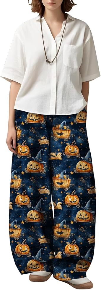 Womens Tie Dye Wide Leg Pants Bohemian Blue White Artistic Print Loose Fit Fall Lightweight Lantern Trousers