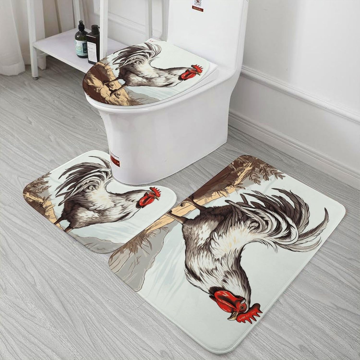 Anti-Skid Floor Mats 3 Piece Set,Chicken Sketch Printed Coral Fleece Bathroom Mats U-Shaped Contour Mat Toilet Seat Cover for Bathroom, Tub, Shower, Kitchen 19.7"x31.5"