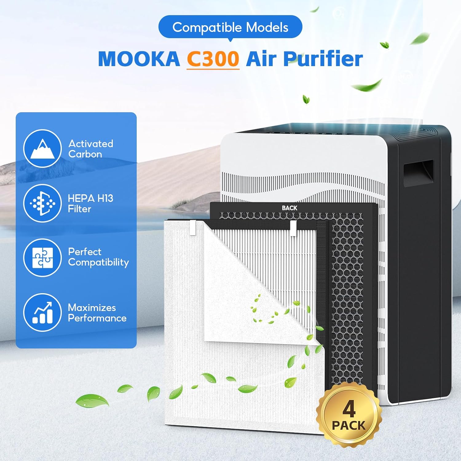 4-pack C300 HEPA Filter Replacement,Compatible with MOOKA C300 Double-Sided Air Purifiers, 3 Stage Filtration, Washable Filter