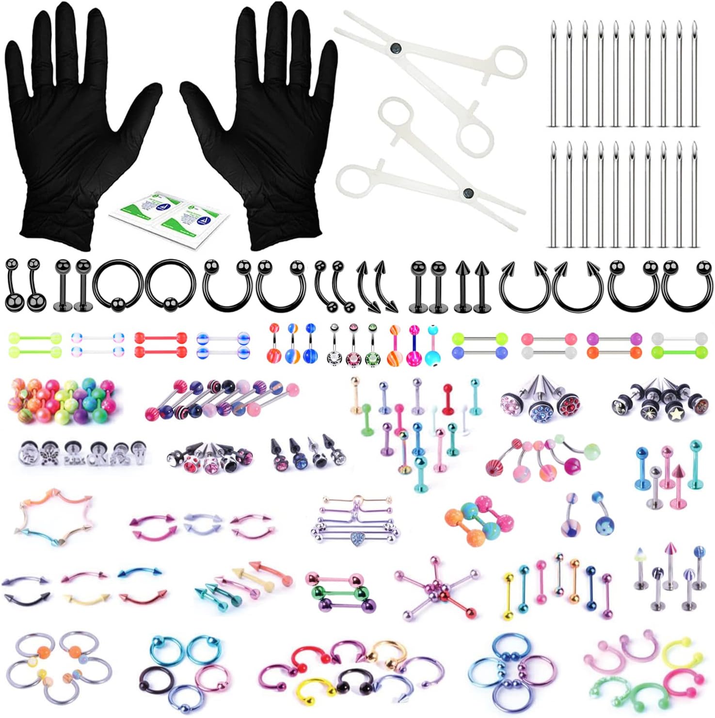 BodyJ4You 156PC Body Piercing Kit - 14G 16G 18G 20G - Belly Ring Nose Septum Tragus Ear Cartilage Industrial - Horseshoe Ring Hoop Barbell Stud Spike - Random Mix Jewelry