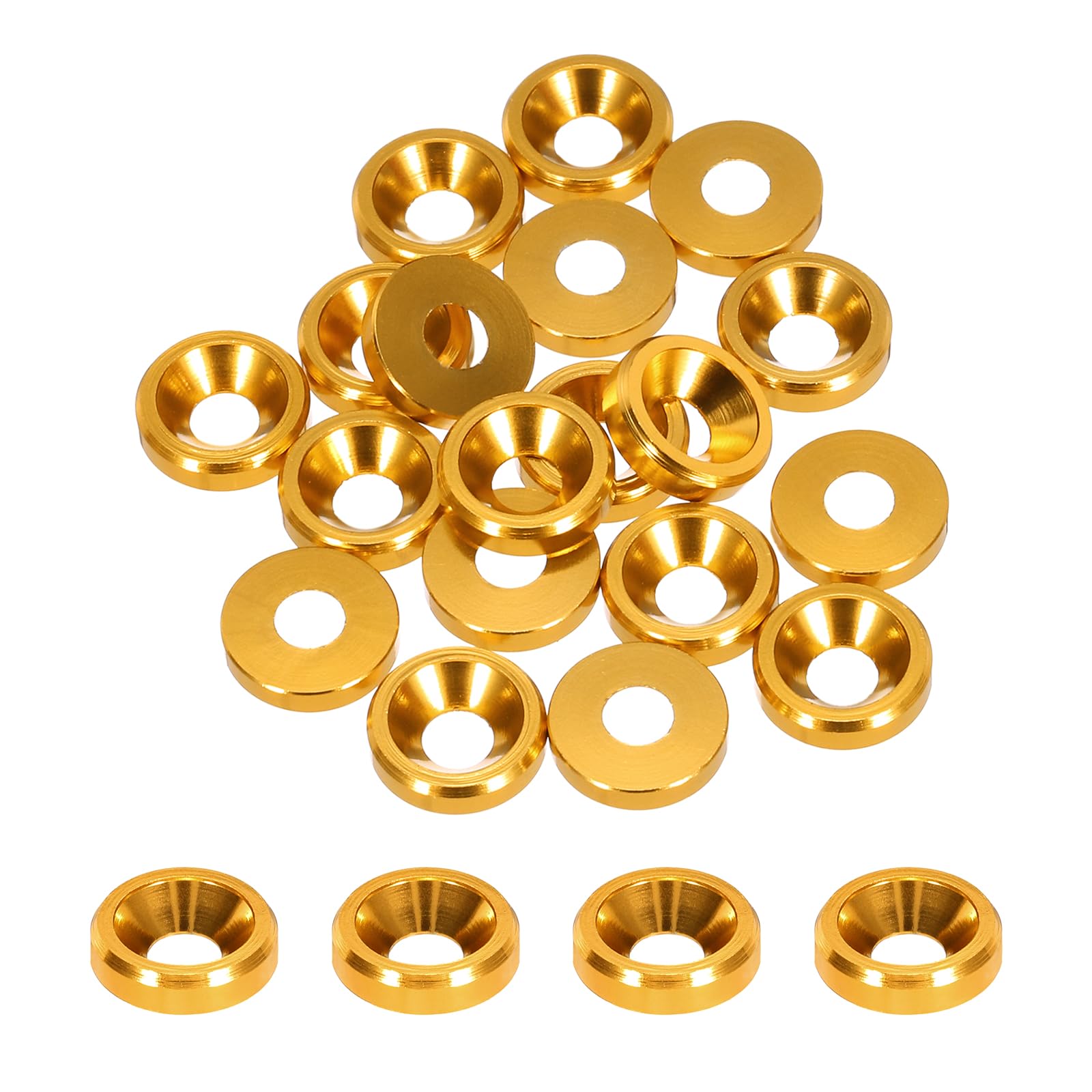 MECCANIXITY M3 Cone Cup Countersunk Washers,Hole Dia 3.1mm/0.12 Aluminum Gaskets Cup Head Washer Gasket for Screw RC/FPV/PC/Drone/Mechanical Accessories Model Parts,Pack of 20(Gold)