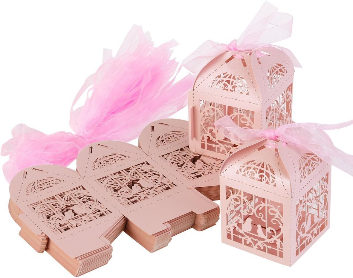 Kumkey 50x Birdcage Candy Box Gift Box Wedding Favor Box Pearl Paper Bonboniere Box with Ribbons for Wedding Birthday Baby Shower Baptism Kids Party Christmas Decor (Pink)