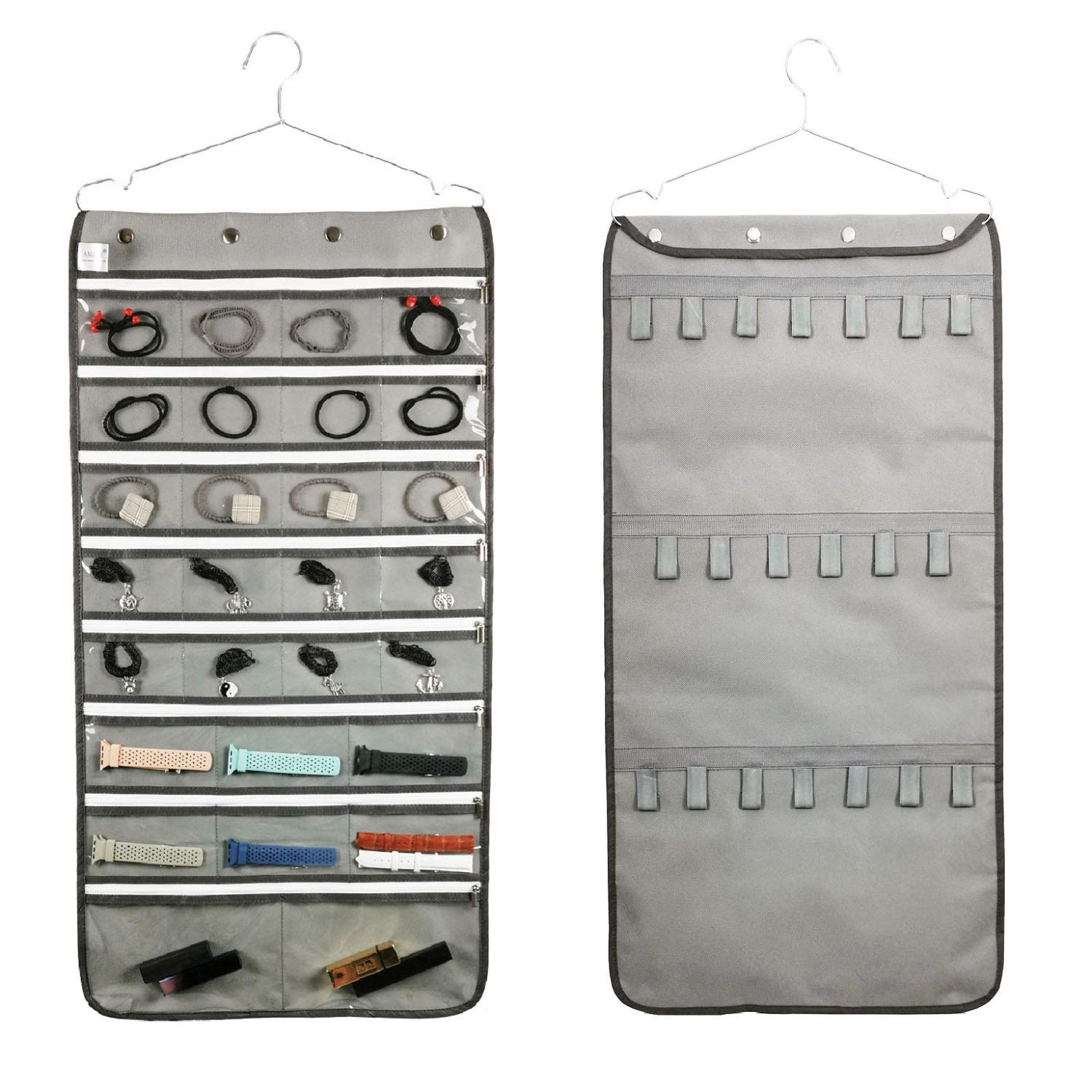 ANIZER Zippered Jewelry Organizer Dual Sided Hanging with Hanger for Travel Home Closet Storage