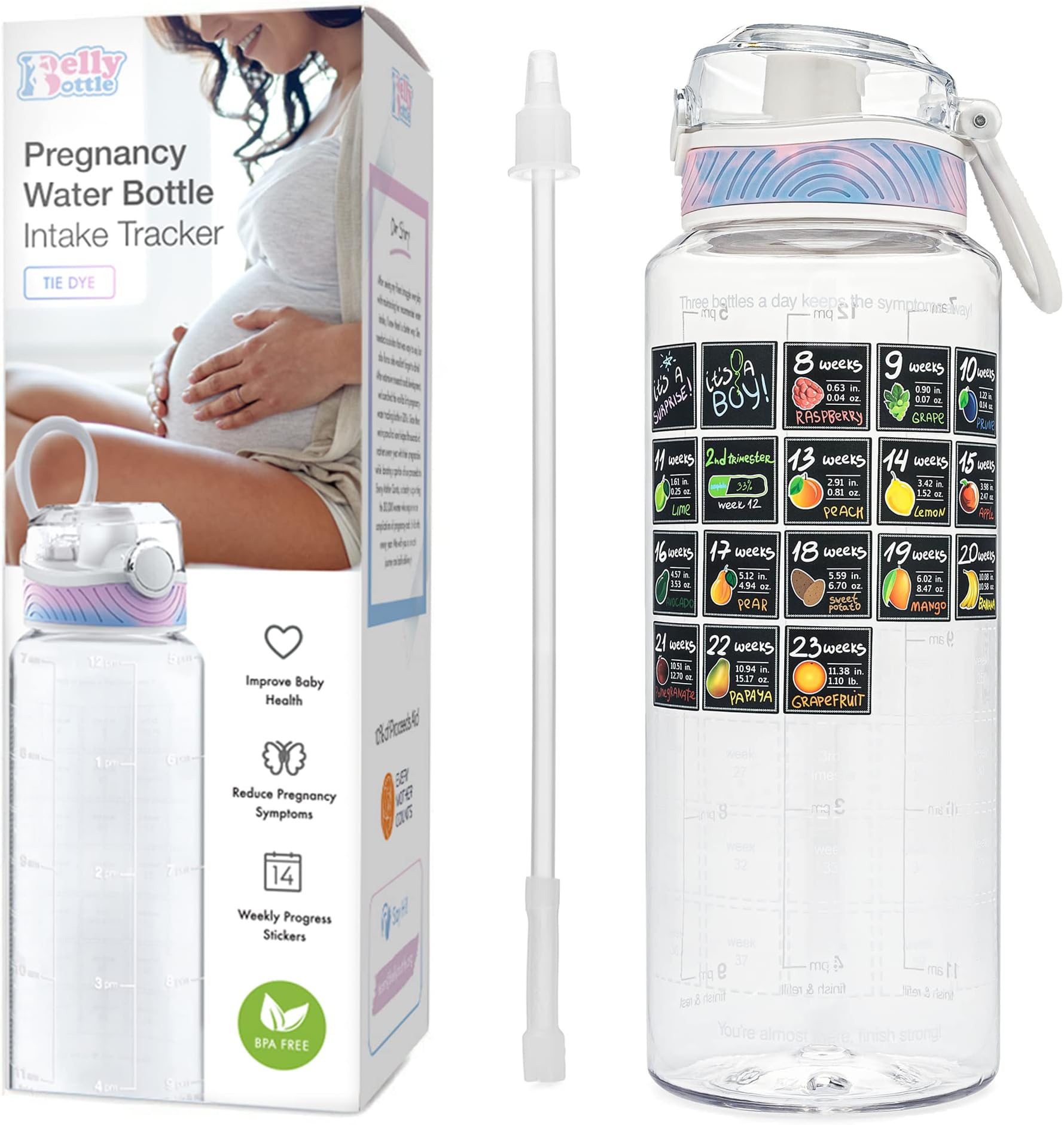 Belly Bottle Pregnancy Water Bottle Intake Tracker with Straw + Weekly Milestone Stickers (BPA-Free) Pregnancy Must Haves Gifts for First time Moms Essentials - Clear