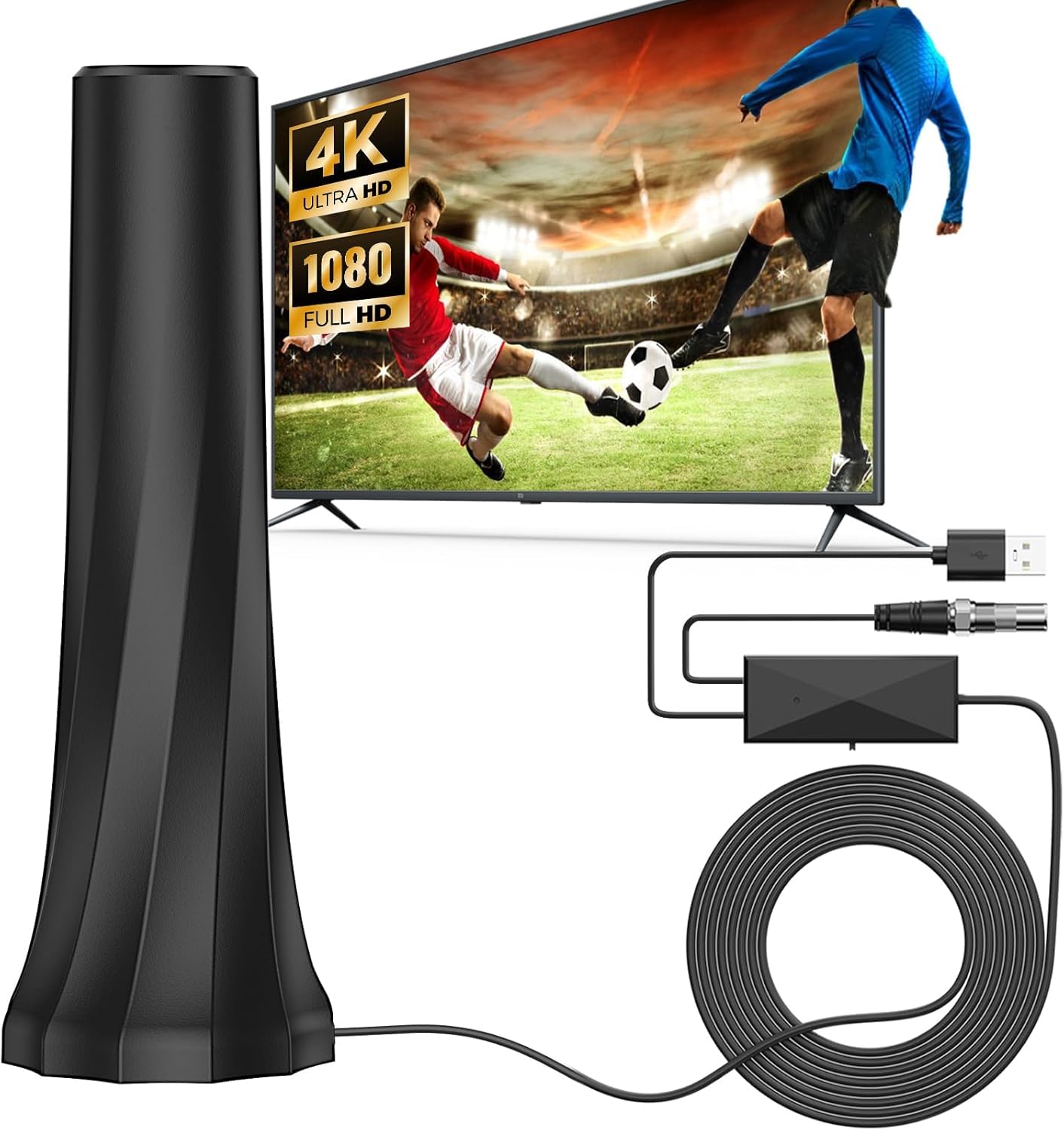 DVB-T/T2 Antenne mit Verstärker für Innen, Zimmerantenne für Fernseher, 360°-Empfang, Unterstützt 4K/1080P HD-Kanäle und alle Fernseher.