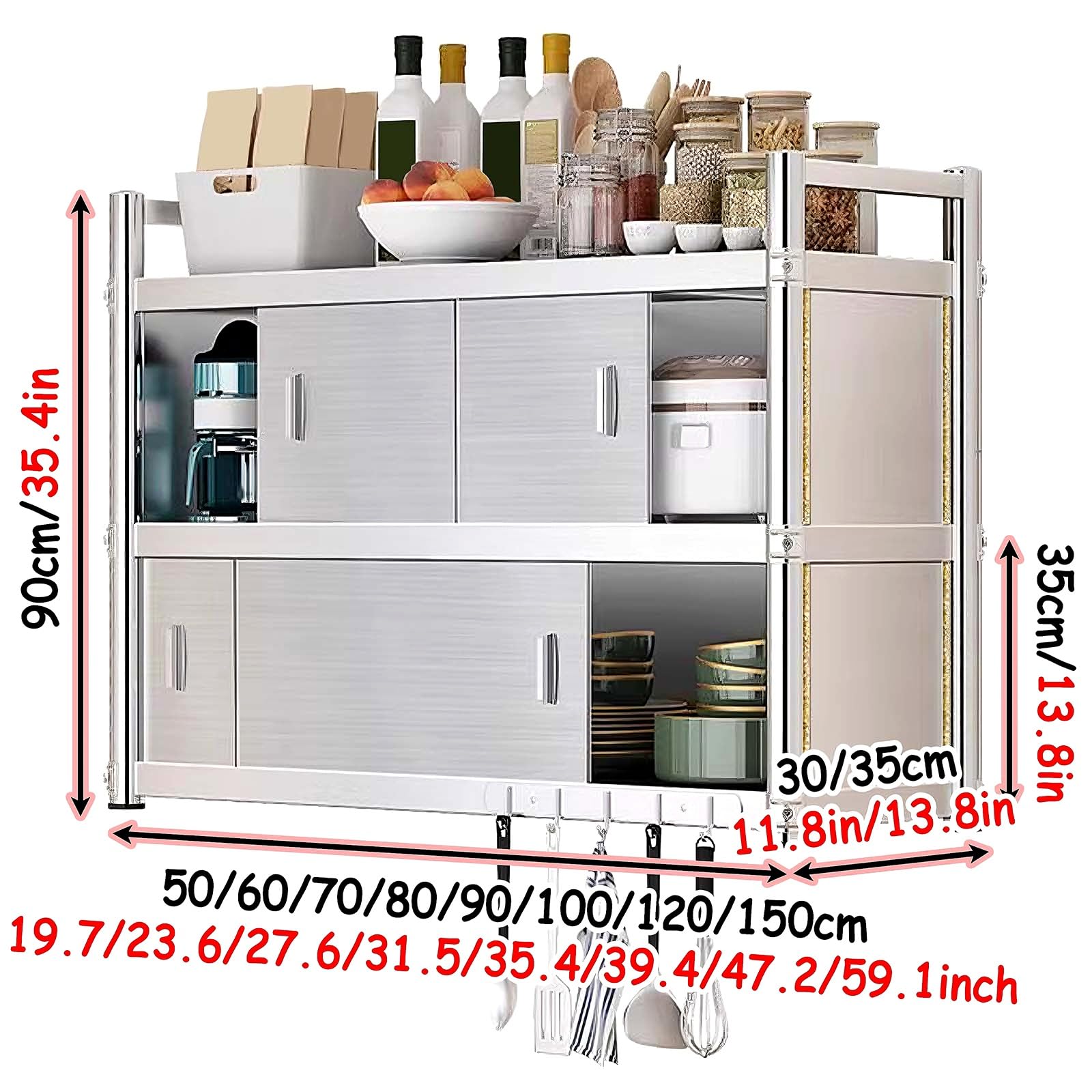 Pensile Cucina Sospeso in Acciaio Inox Pensili Cucina Sospesi con Ante Scorrevoli Design Regolabile e Salvaspazio Mobilettos Multiuso per Cucinas, Bagno, Garage, Scuola, Ufficio(100 * 35 * 90cm)