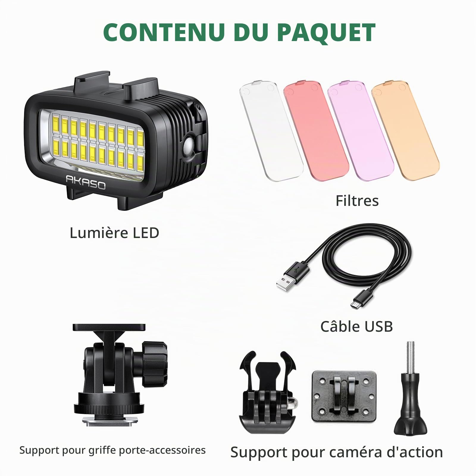 AKASO Lampe sous-Marine 40M Étanche, Lampe de Plongée LED Haute Puissance à Intensité Variable avec Support pour Griffe Froide et 4 Filtres Couleur pour Caméra Sport GoPro/AKASO et Reflex Canon/Nikon