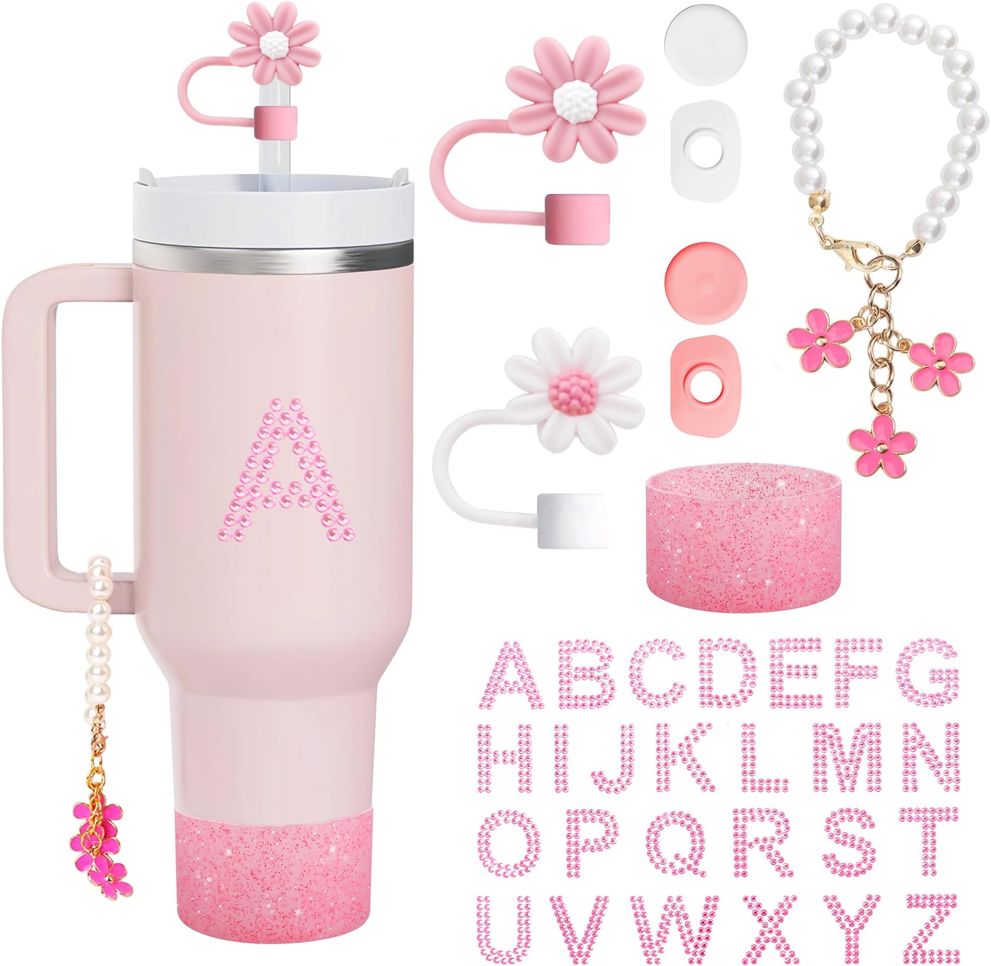 9 Pcs Letter Cup Accessories (Excluding Cup) Includs 2 Straw Topper 4 Silicone Spill Proof Stopper,1 Personalized Name Letter Stickers,1 Sakura Pearl Hangings and 1 Silicone Boot