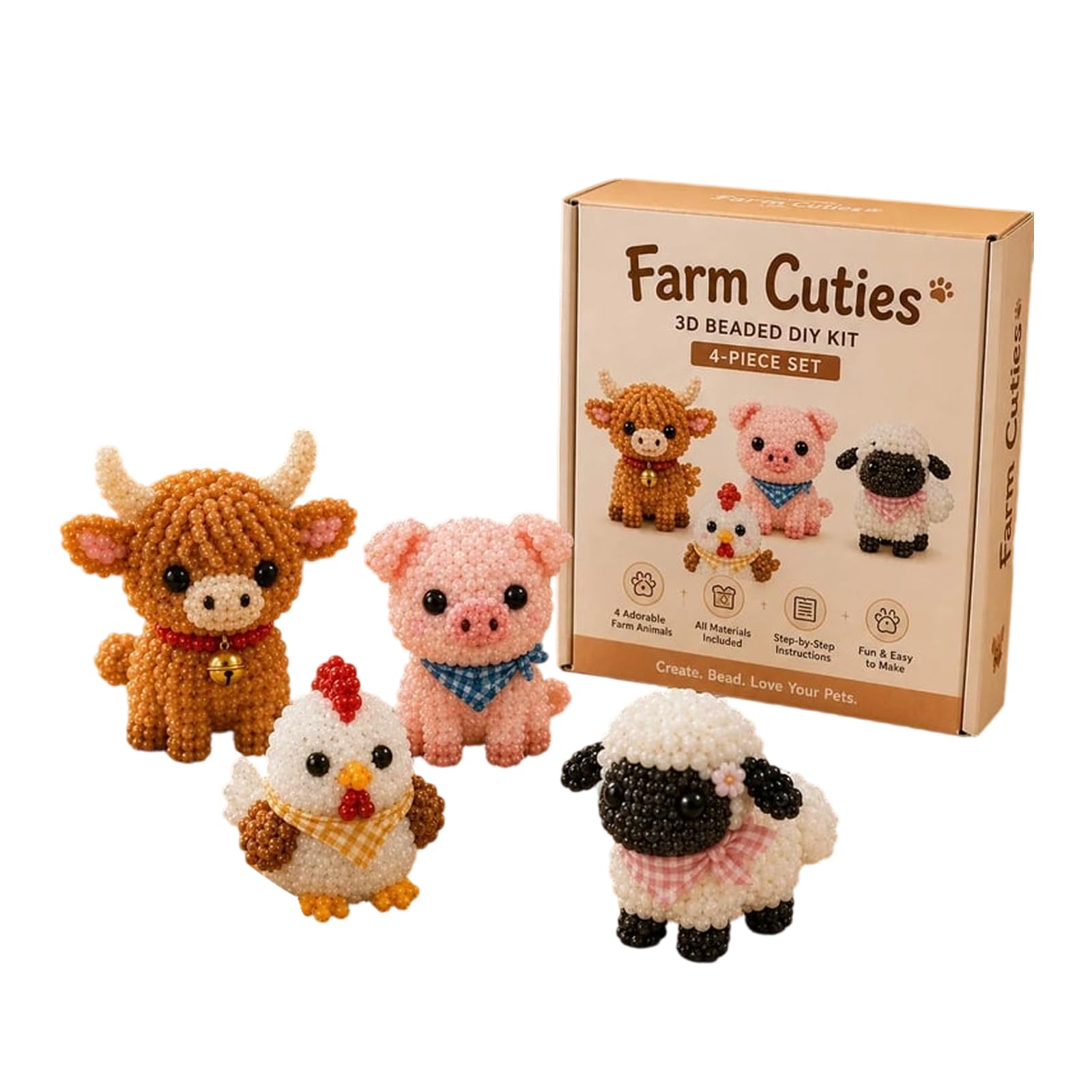 3D Beaded Craft Kit, Handmade Creative Jewelry Art Craft Kit for Kids,Teens & Adults, DIY Handmade Bead Art Set with Full Materials & Instructions (12-Farm Cuites)