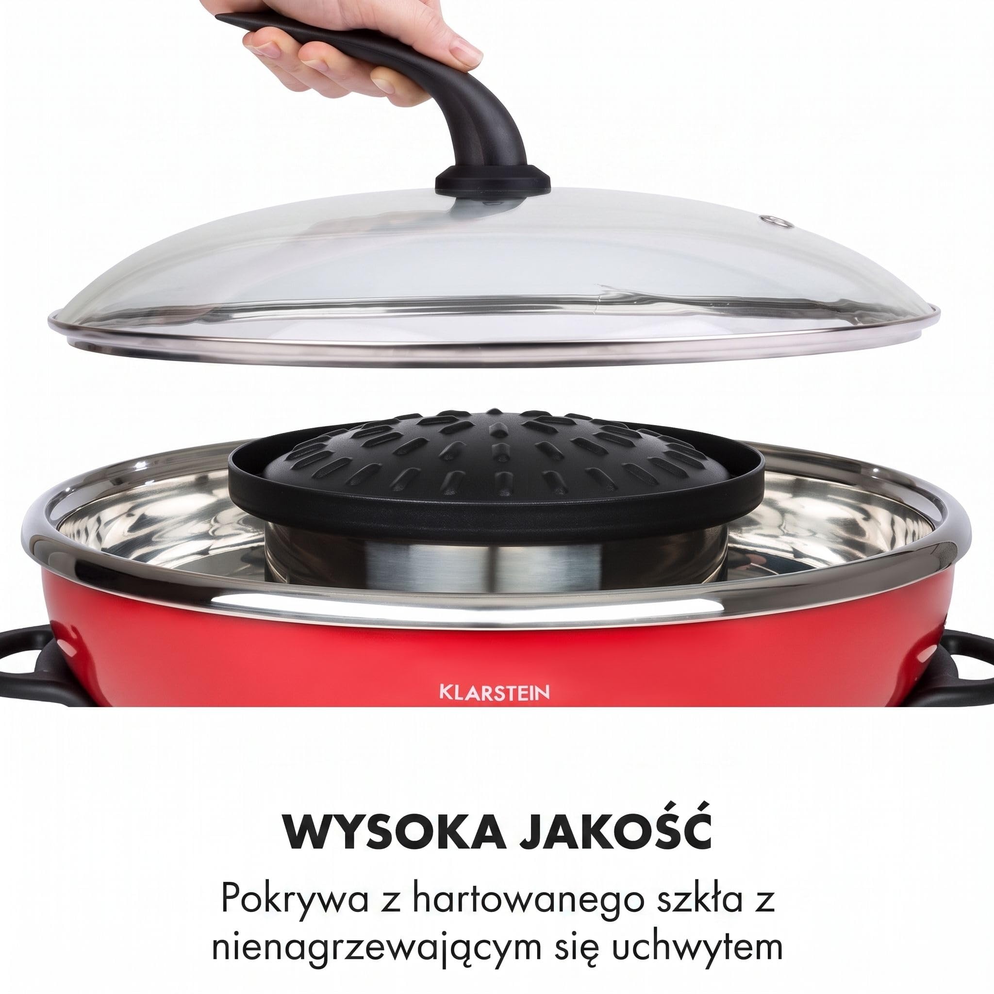Klarstein Szechuan - Hot Pot i płyta grillowa, Garnek Hot Pot: 5 litrów, Grill 1350 W / 38 cm Ø, Płyta grillowa: 600 W / 22 cm Ø, Element grzejny z aluminium, czerwony