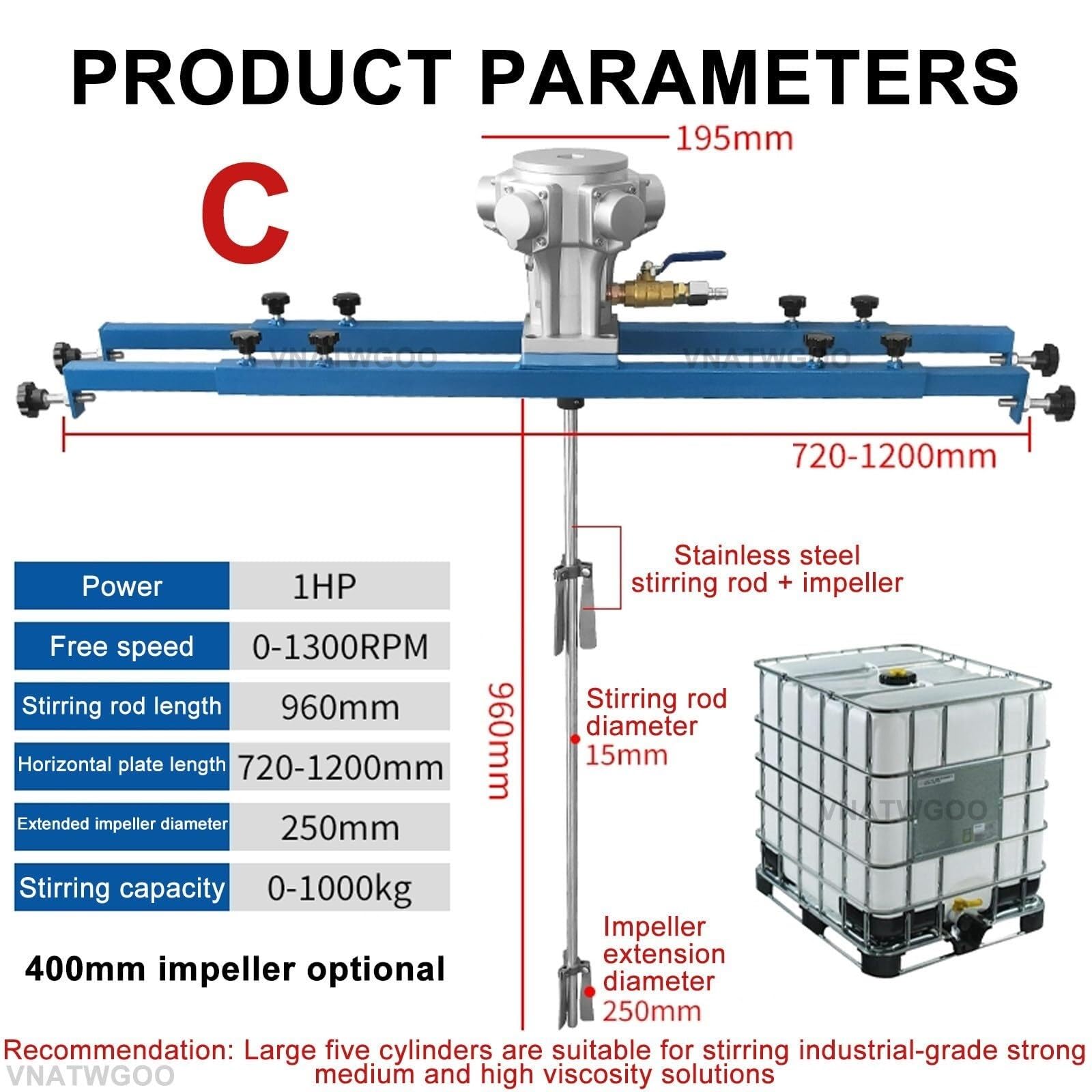 IBC Air Agitator, miscelatore pneumatico per vernice, strumento di miscelazione per vernice pigmentata industriale, con staffa retrattile (C, lama da 400 mm)