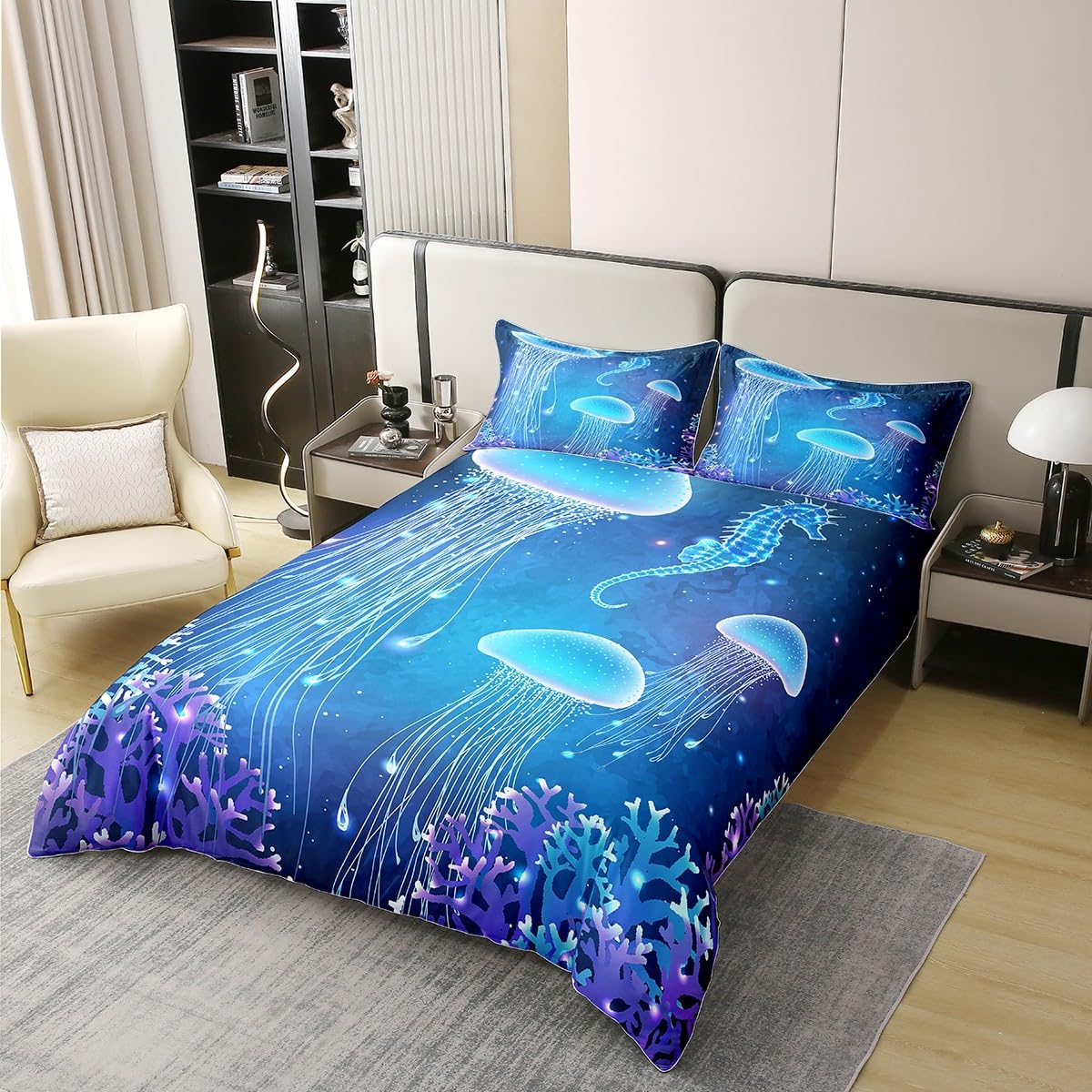 Loussiesd Set copripiumino in 100% cotone, motivo: meduse, per letto super king size, oceano, mare, creatura subacquea e mondo sottomarino, set di biancheria da letto per camera da letto, vita marina,