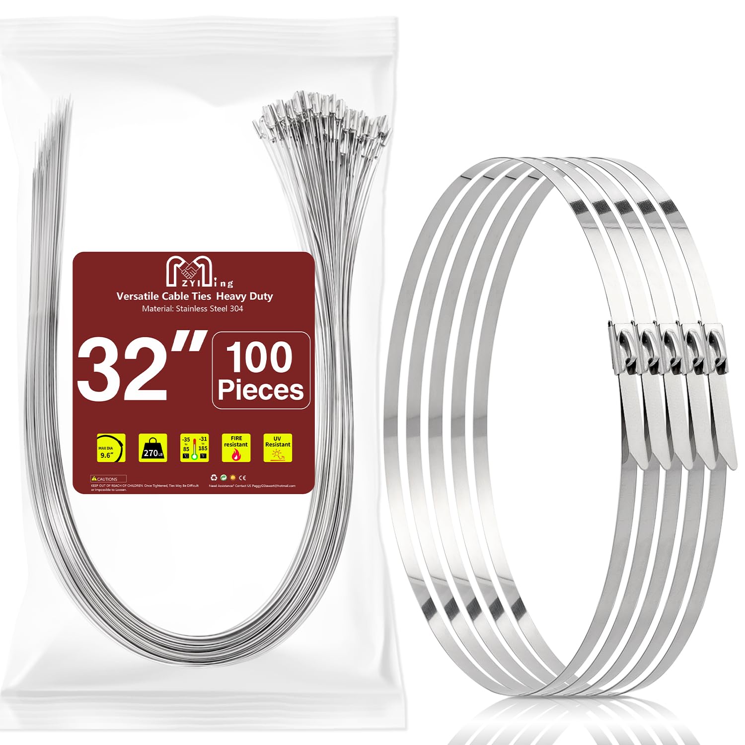 100 Pack Metal Zip Ties 32inch Stainless Steel Cable Ties Heavy Duty Self-locking Wire Ties High Temp Zipties Chain Link fence Ties Multi Purpose Binding