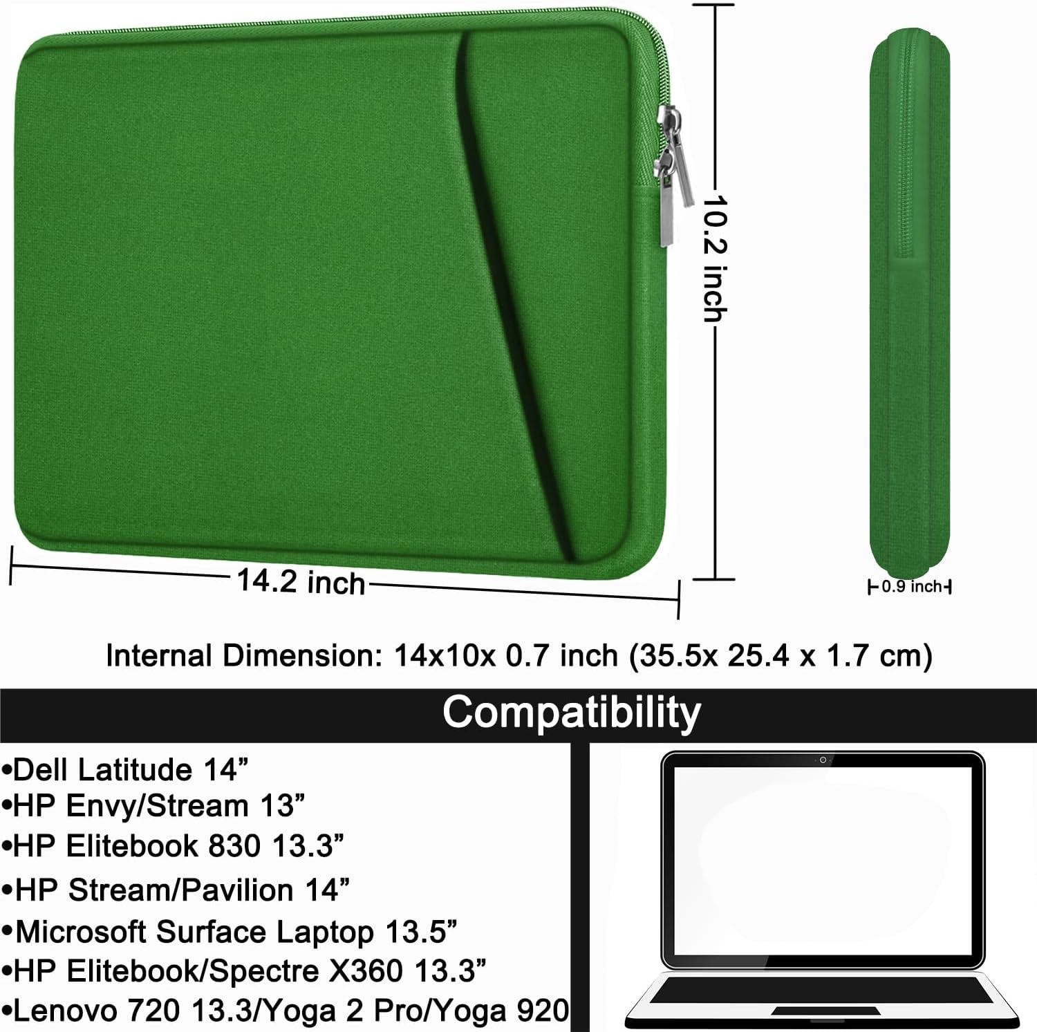 Askuko 14 inch Laptop Sleeve, Shockproof Protective Computer Cover, Durable Carrying Bag Laptop Case Compatible with 14"" MacBook Air/Pro HP Asus Lenovo Notebook, Dark Green - Image 5