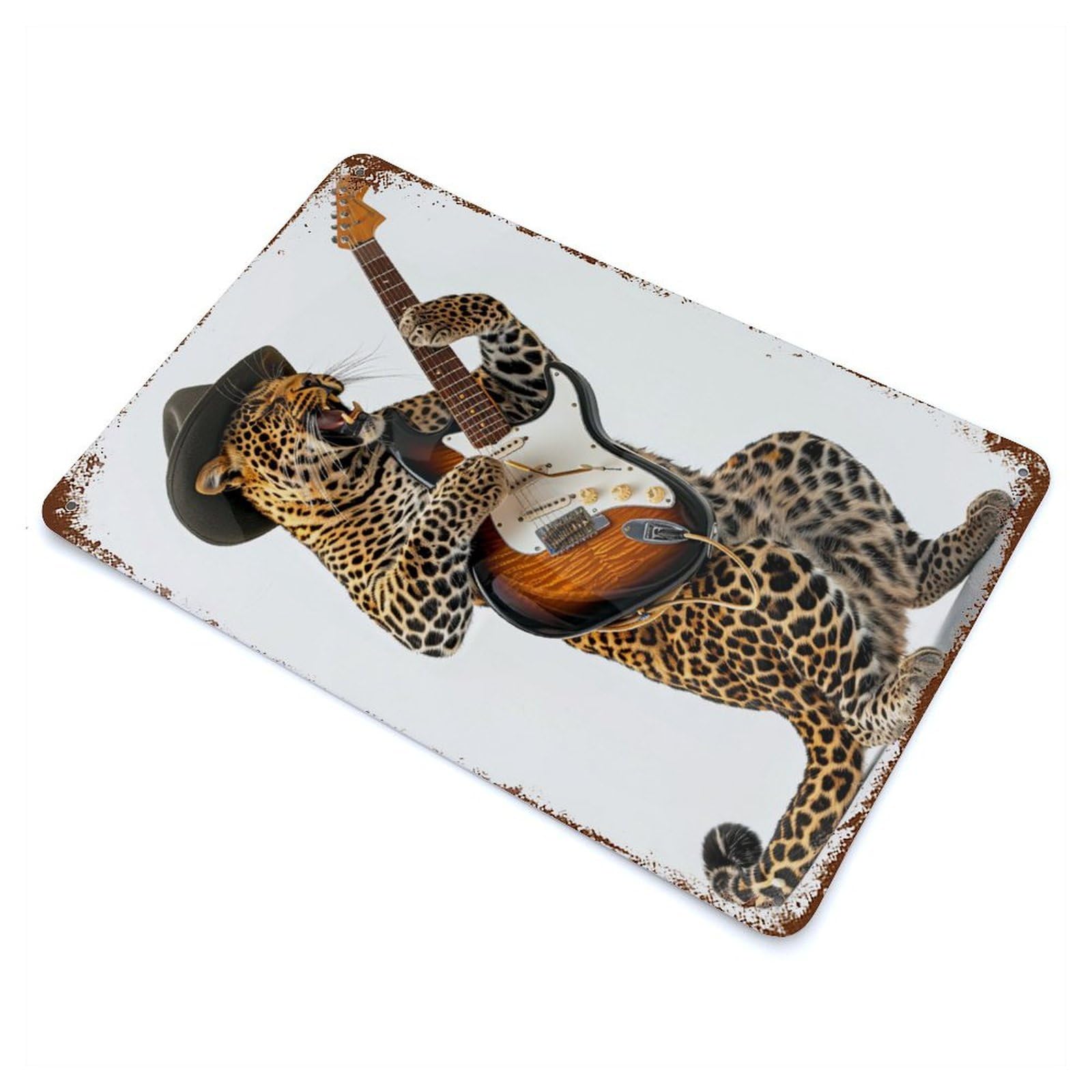 Aged Metal Wall Plaque with Leopard Guitar Design 11.8"x7.9", for Basement, Hobby Room And Garage Decor, Farmhouse Wall Decor