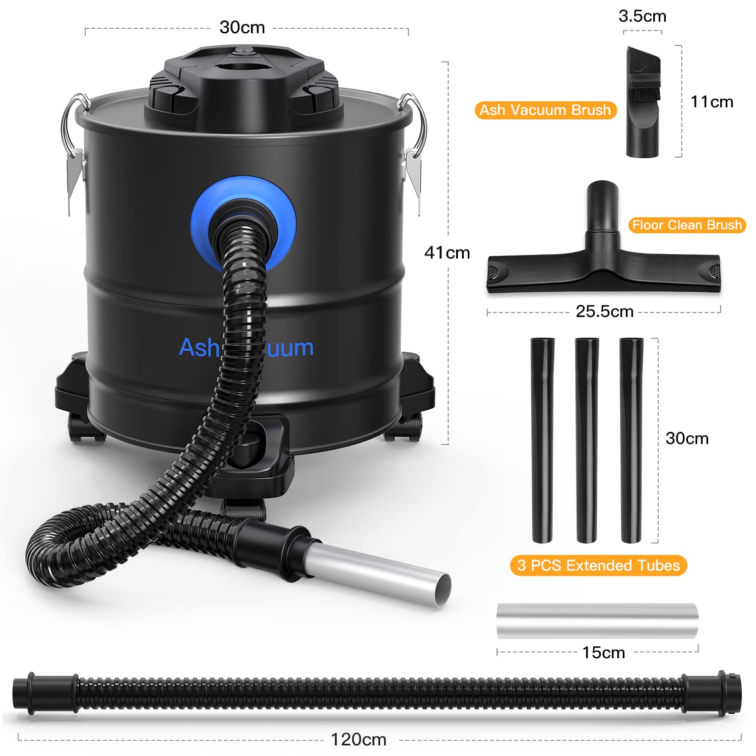 Aspirapolvere per ceneri per camino, aspirapolvere industriale con sistema a doppio filtro, 4 tipi di testine di rimozione cenere, aspirapolvere, 20 litri di capacità, in acciaio inox,