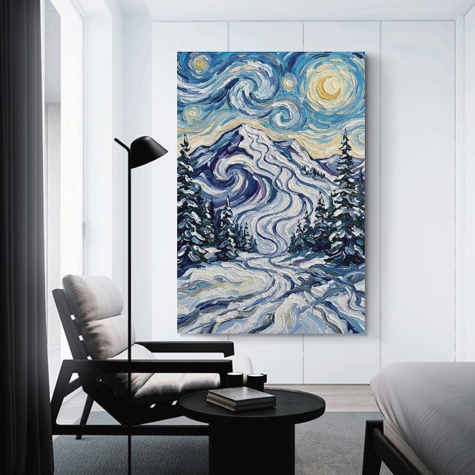 Junmoney Starry Night Winter Mountain Landscape Painting Home Decor Wall Art 24x36inch(60x90cm), for Restful Interiors, Bedrooms Or Small Rooms, Decorative Wall Art for Cosy Rooms
