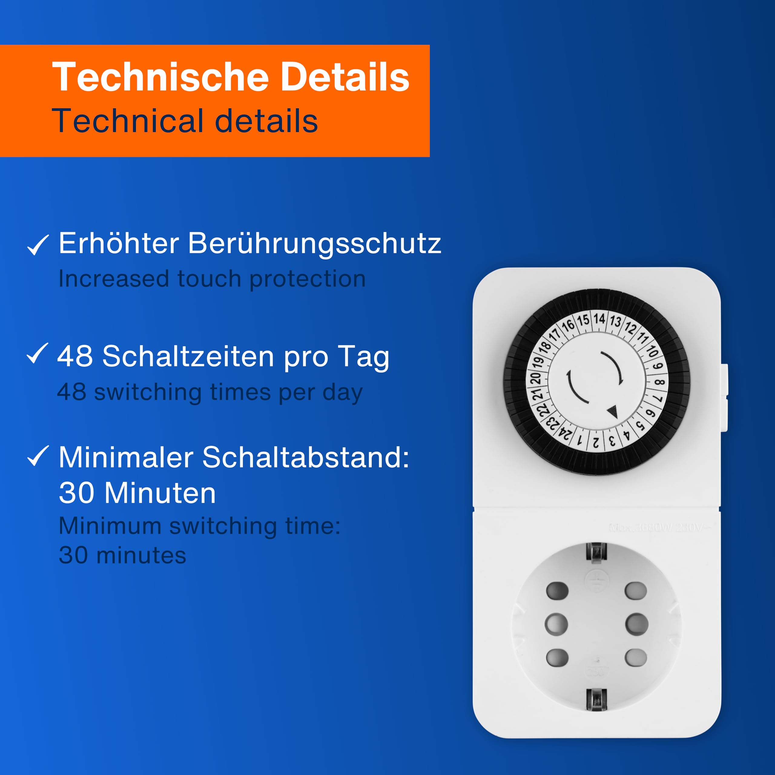 REV Czasomierz czasowy gniazdko elektryczne – format 24 h, 48 razy po 30 min – mechaniczny timer gniazdko z systemem wtykowym kombi, maks. 16 A/3680 W, biały