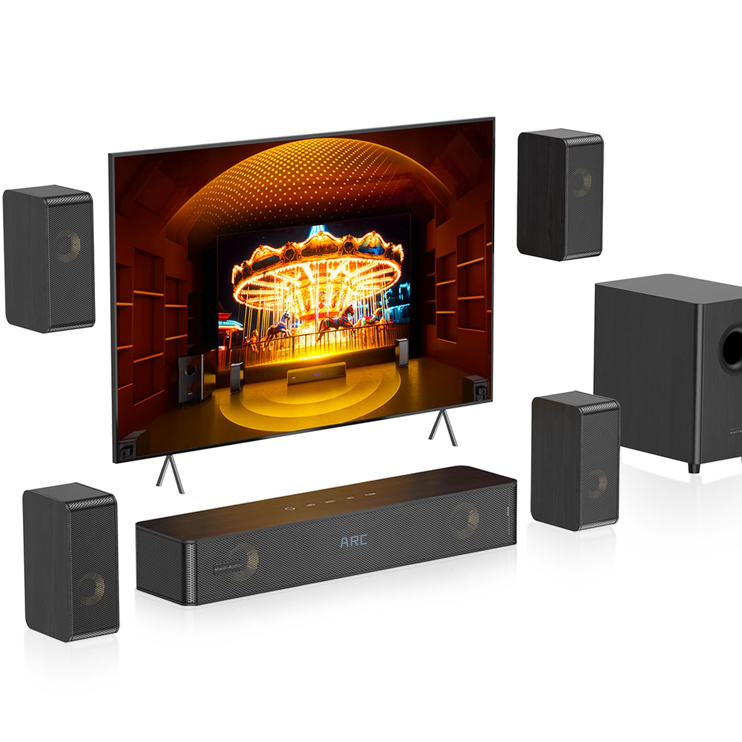 Wooden 5.1.2 Sound Bars, 4 Surround Speakers Wired, HiPulse N512
